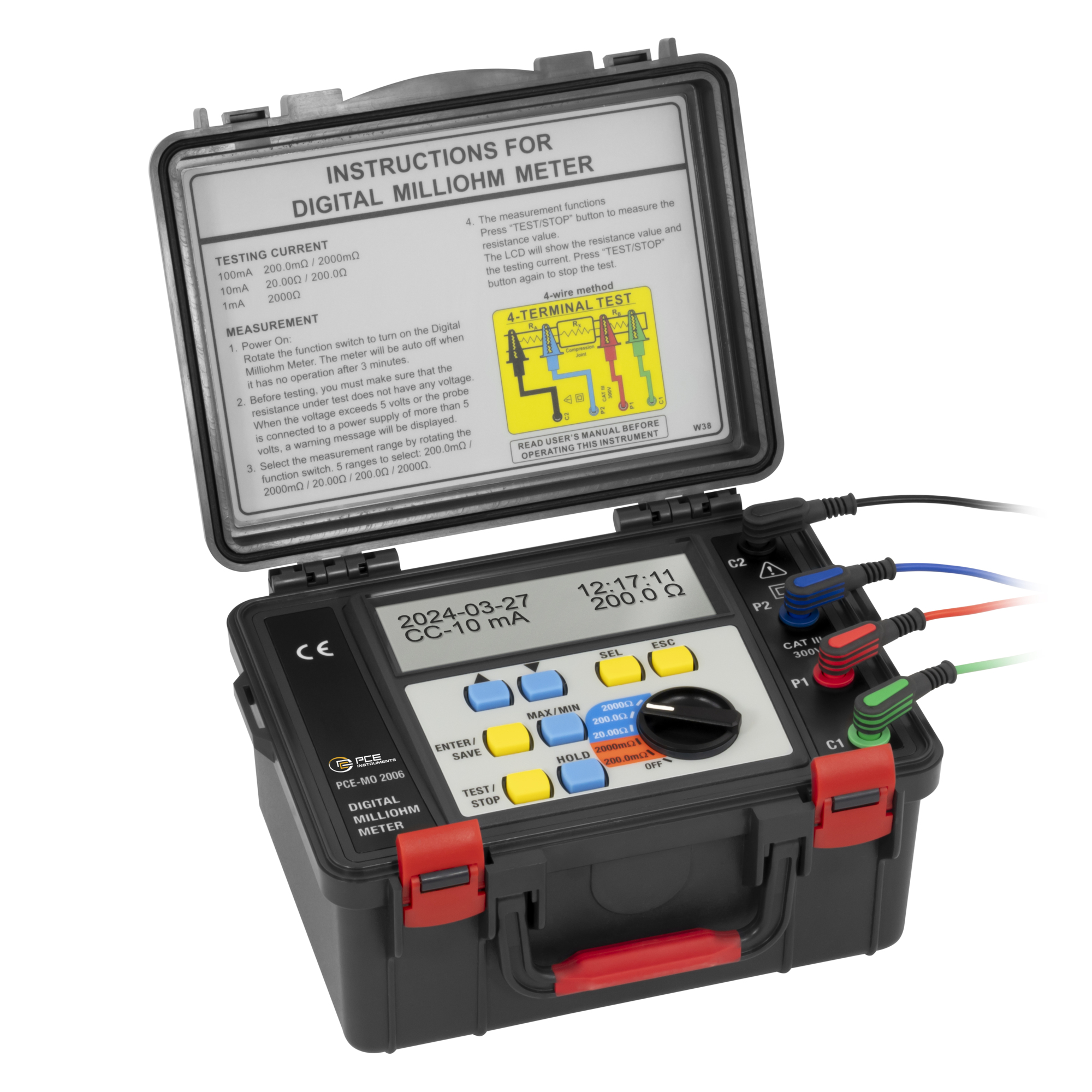 PCE Milliohmmeter — 4-Wire Measurement, 5 Scale Ranges, Compact Design, Model# PCE-MO 2006