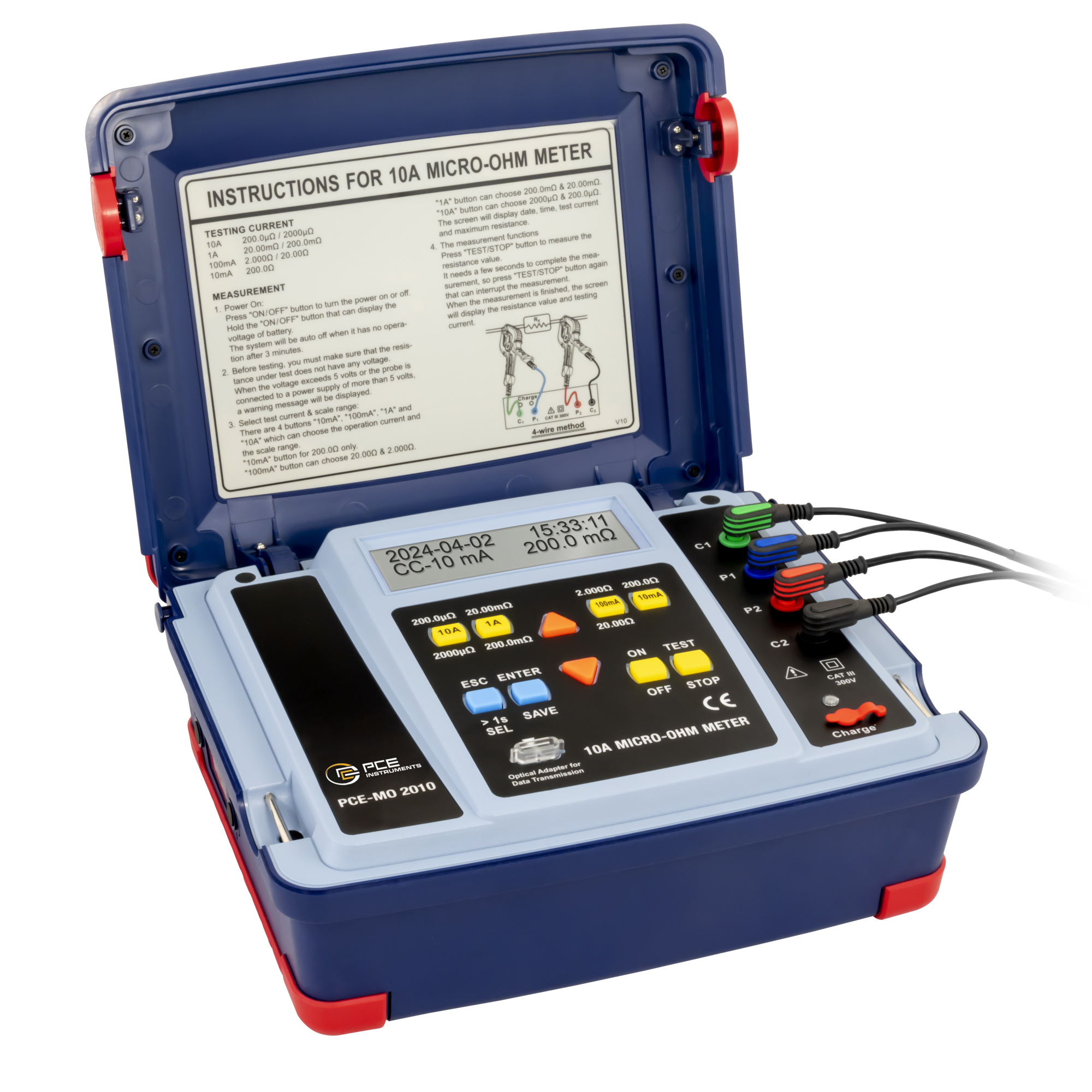 PCE Milliohmmeter — 7 Measuring Ranges, 0.1 µ? Resolution, 1A Test Current, Model# PCE-MO 2010