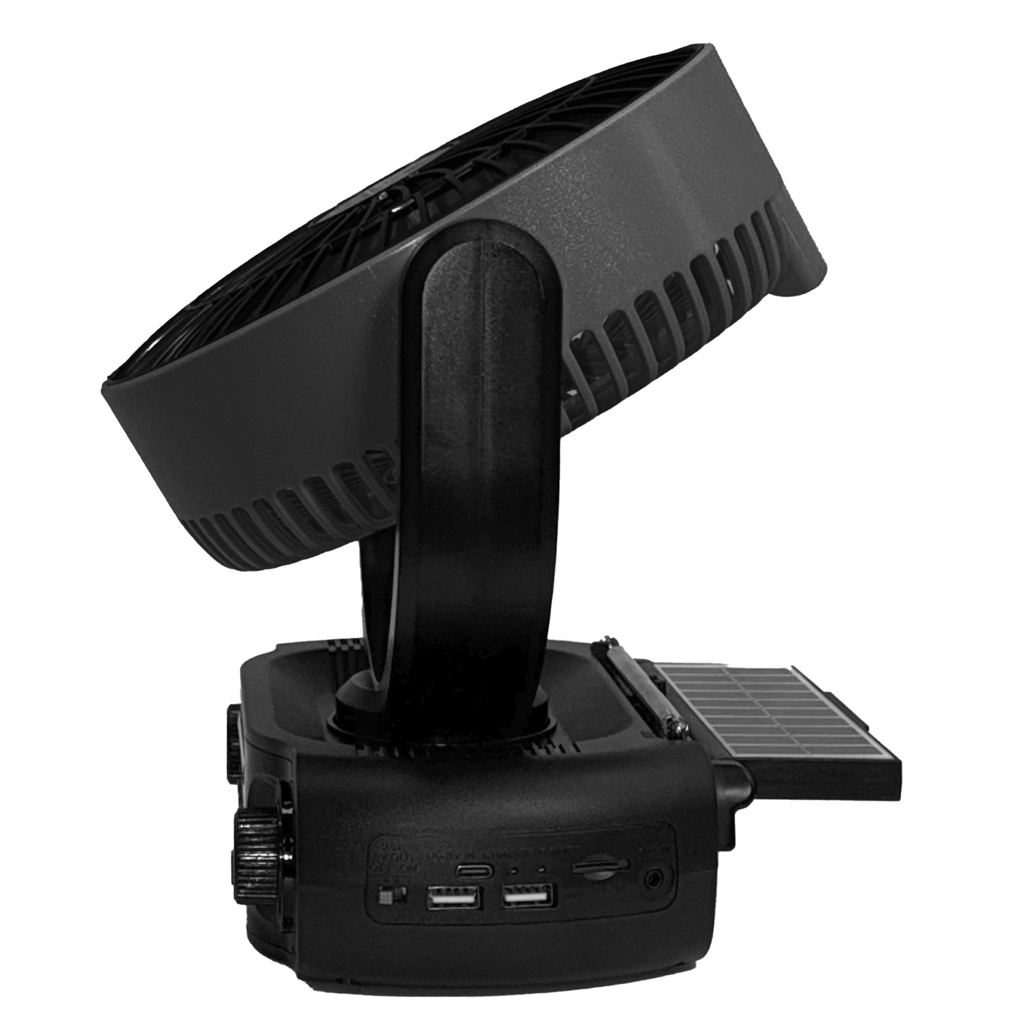 Airbro RXF-50 Oscillating Fan — 3-Speed, Rechargeable Battery, Bluetooth Speaker, LED Light, Solar Charging, AM/FM/SW1/SW2 Radio, Black, Model# RXF-50
