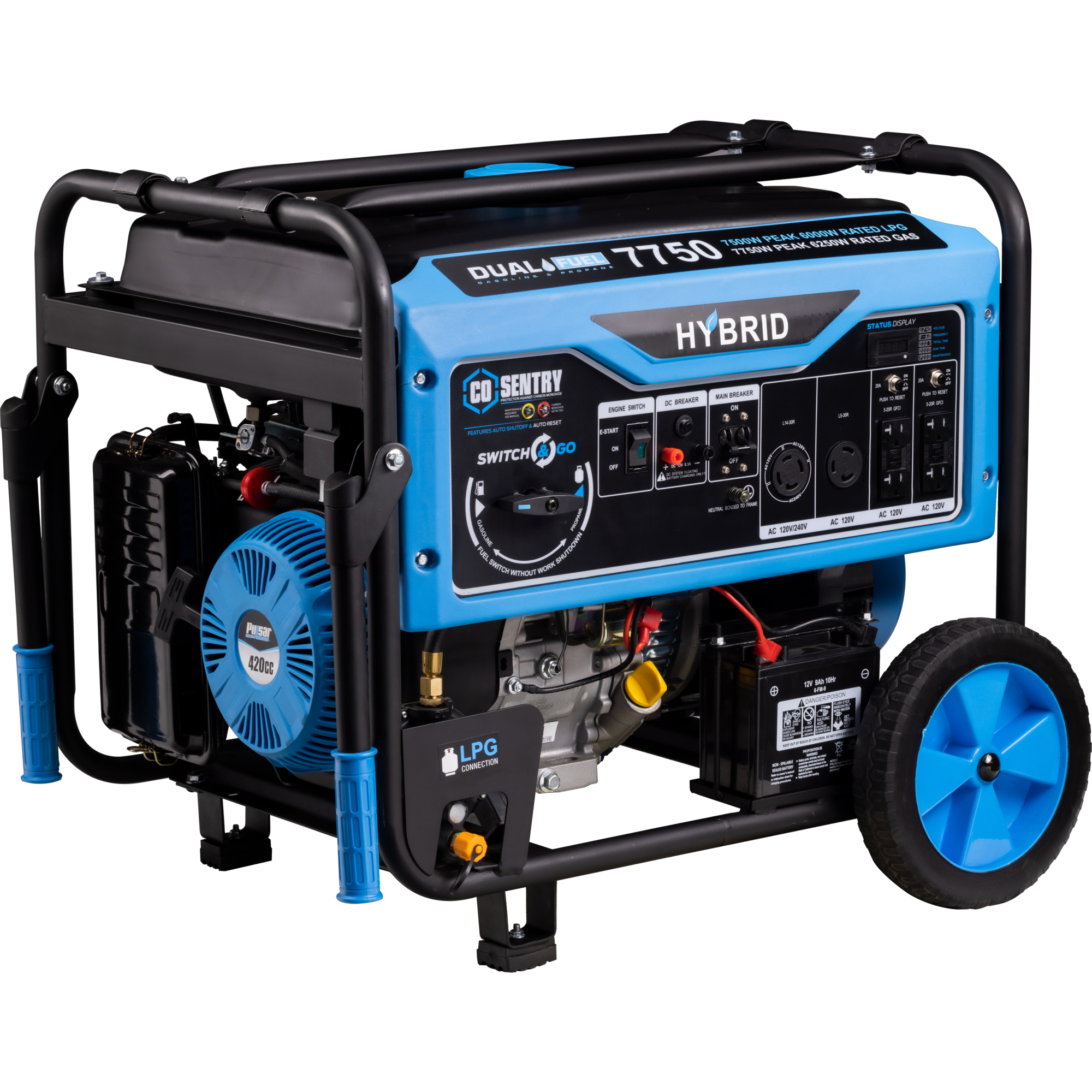 Pulsar Dual-Fuel Generator with CO Alert — 7,750 Watts, 420cc Engine, 6.6-Gallon Tank, CARB Compliant, Model# PG7750BCO