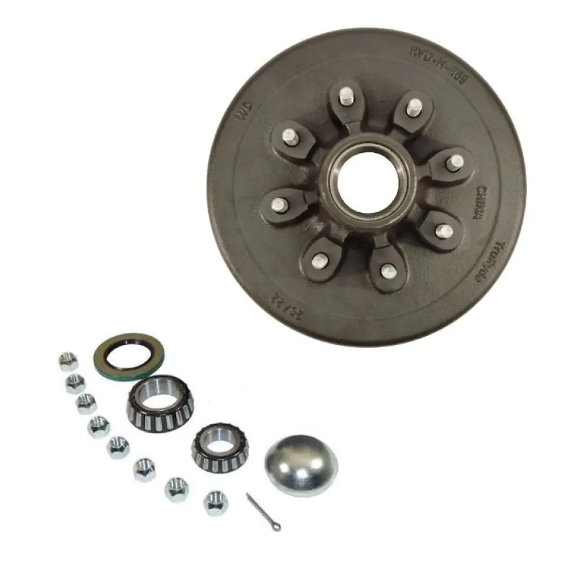 Rigid Hitch, 12-Inch Hub And Drum Assembly, 8-Bolt on 6.5 Circle, Works with 1-3/4 To 1-1/4 Tapered Spindles for 5K to 6K Axle, 2.25 ID Grease Seal, Use with 12 x 2 electric or hydraulic, 3.5K Capacity per Hubdrum, Model# HD-1208&