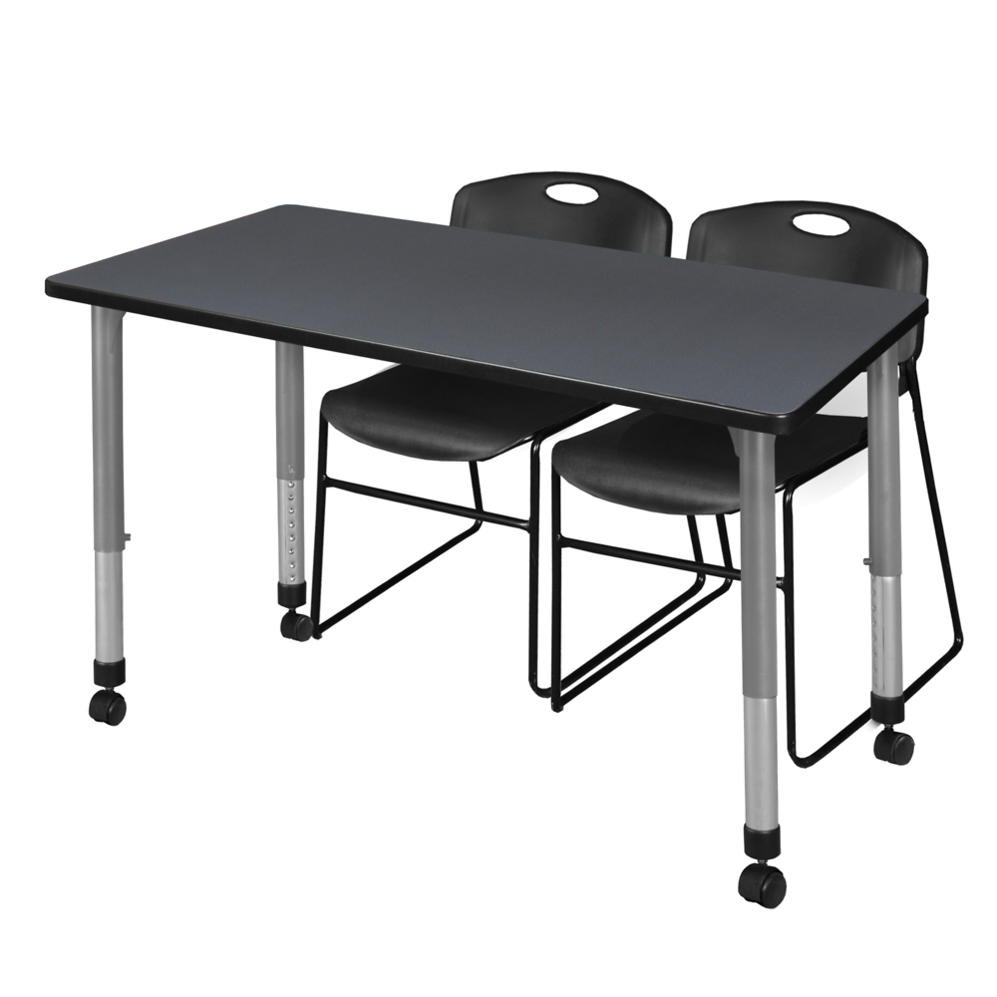 Regency Kee Mobile Adjustable Classroom Table — 48in. x 30in., Grey, Includes 2 Zeng Stack Chairs, Model# MT4830GYAPCGY44BK