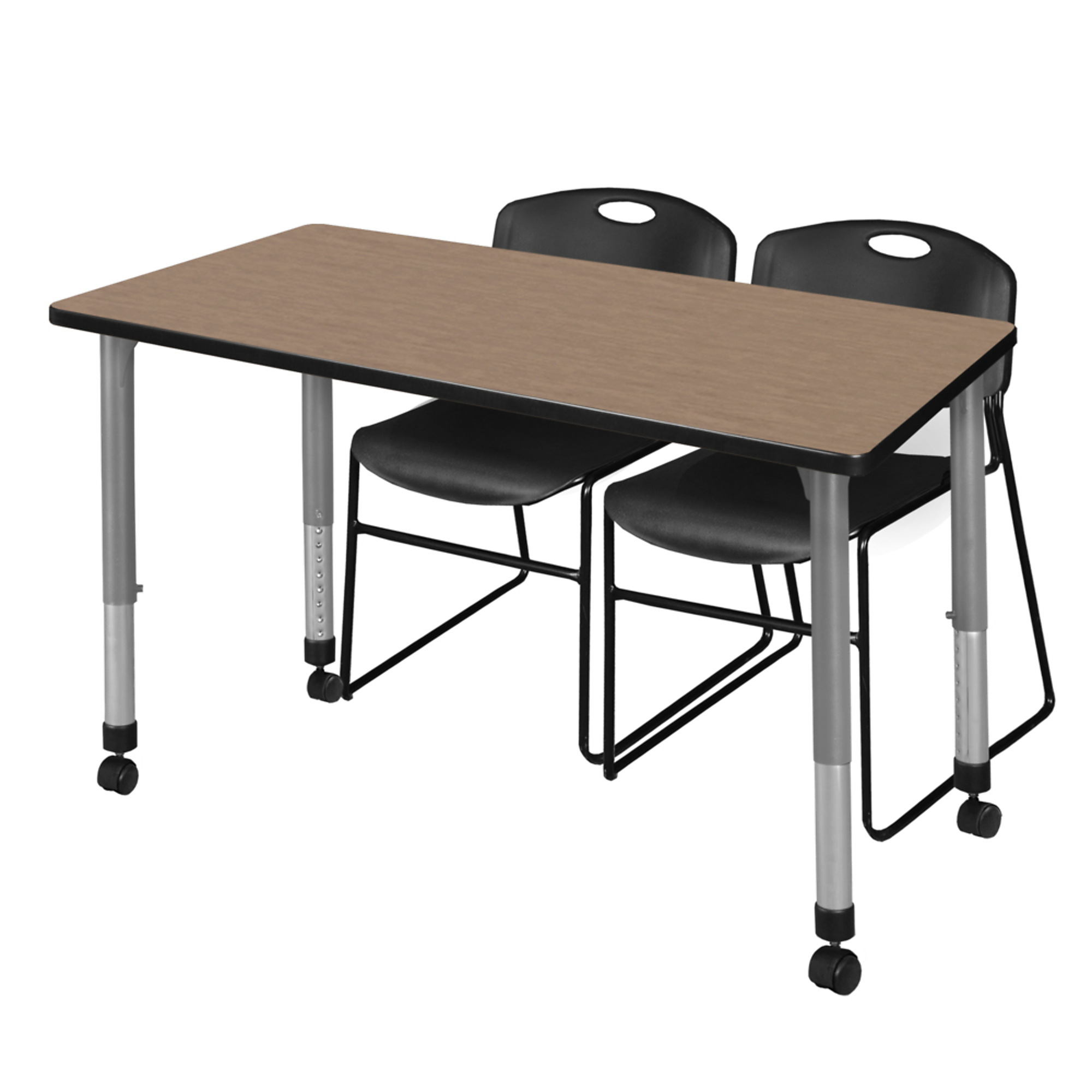 Regency Kee Mobile Adjustable Classroom Table Set — 48in. x 30in., Noble Oak Top, Grey Base, Includes 2 Black Zeng Stack Chairs, Model# MT4830NOAPCGY44BK