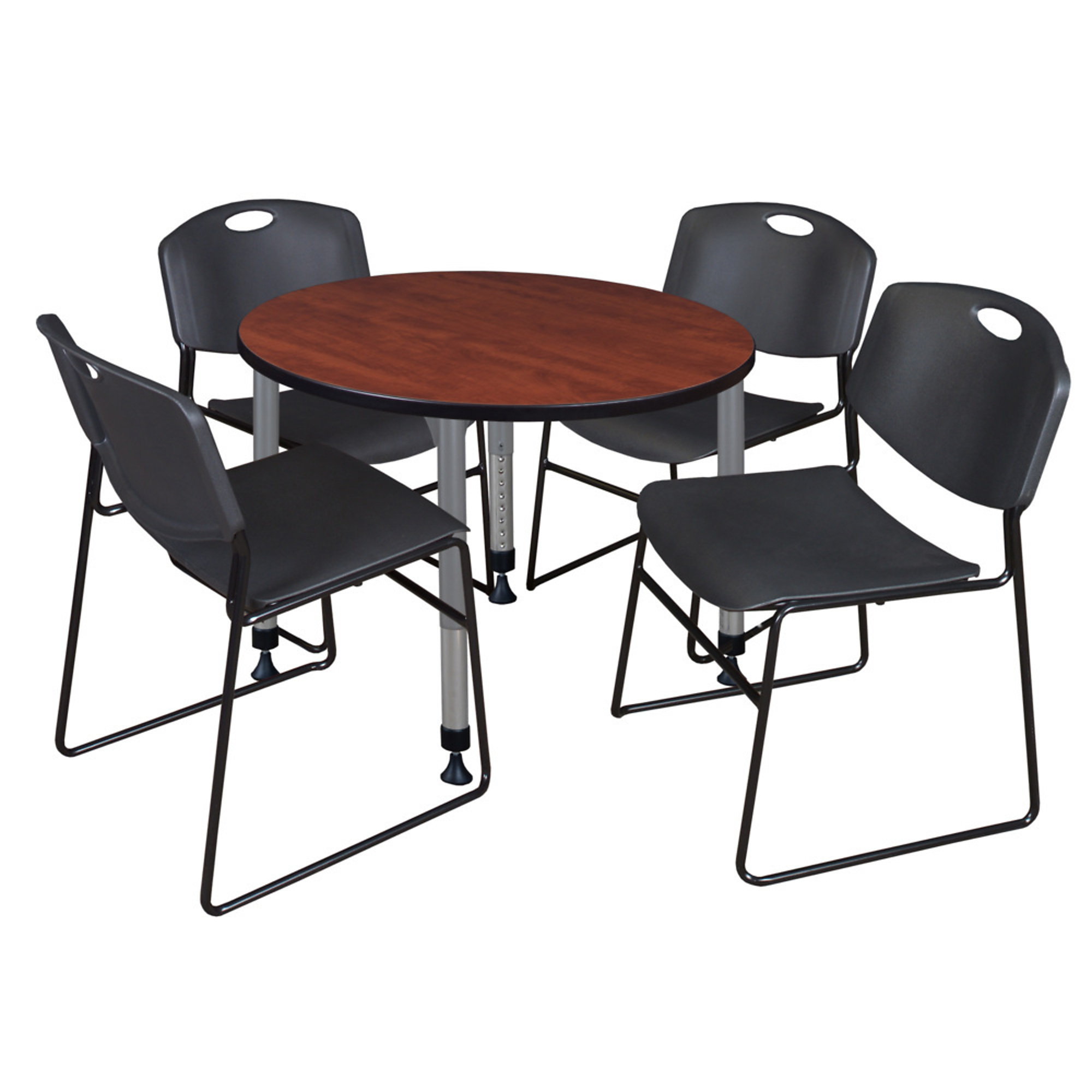 Regency Kee Round Adjustable Classroom Table with Zeng Stack Chairs — 36in., Cherry/Maple, Black/Grey, Set of 4, Model# TB36RNDCHAPGY44BK