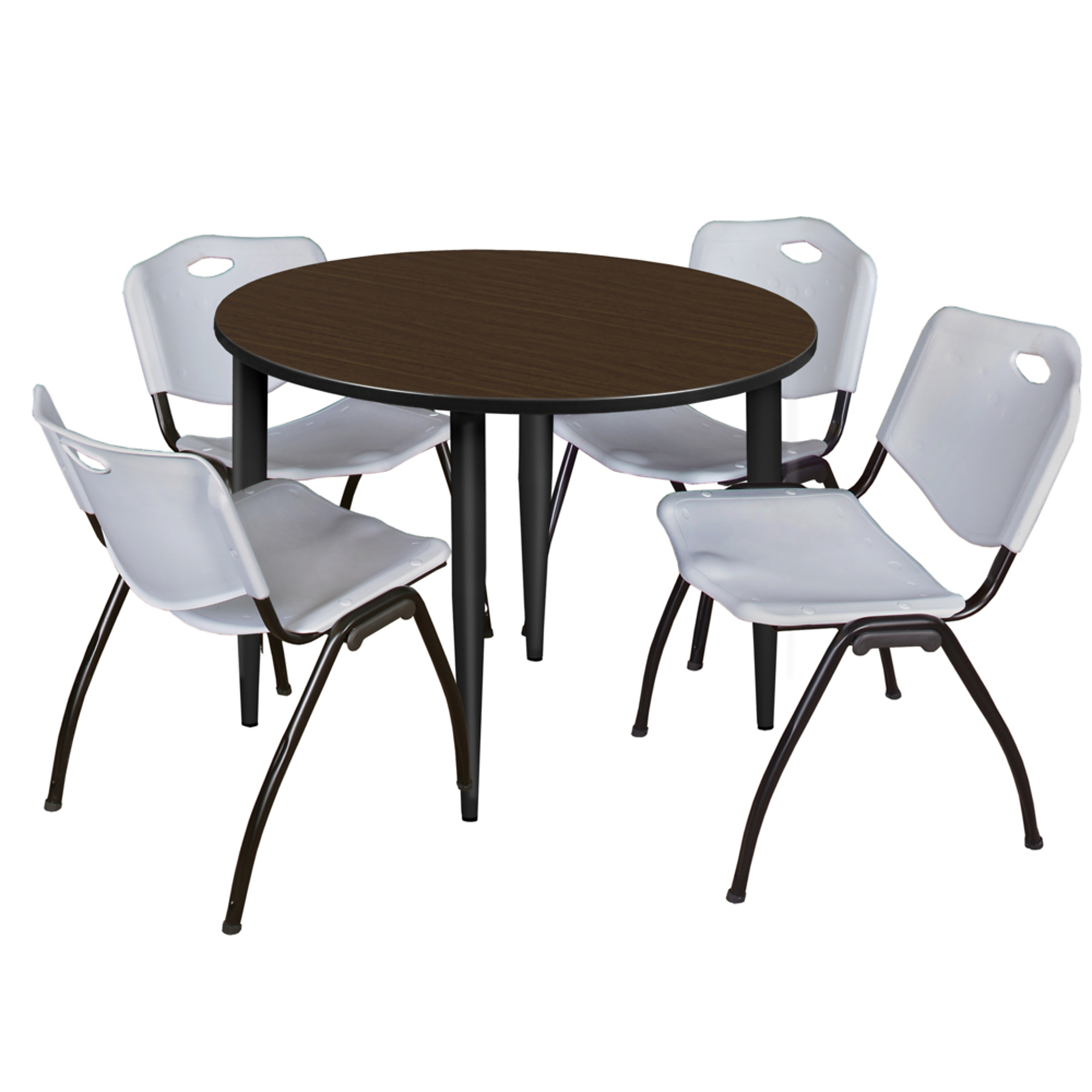 Regency Kahlo Round Breakroom Table and Chairs Set — 48in. Neo Walnut Table, Black Base, 4 Grey Stack Chairs, Model# TPL48RNDNWBK47GY