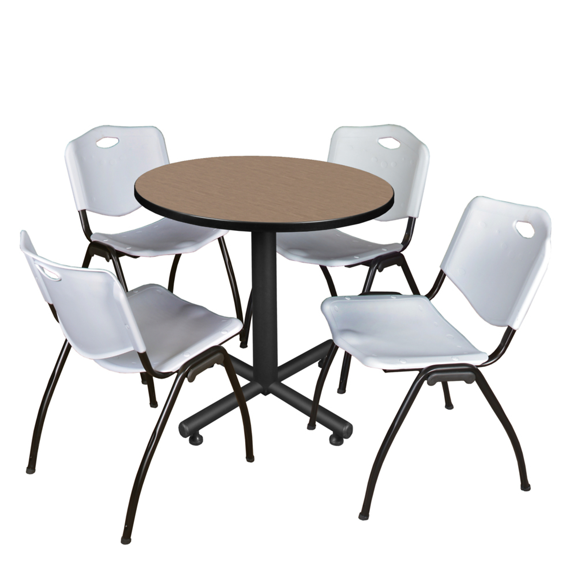 Regency Furniture Kobe Round Breakroom Table — 30in., Noble Oak, 4 Grey 'M' Stack Chairs, Model# TKB30RNDNO47GY