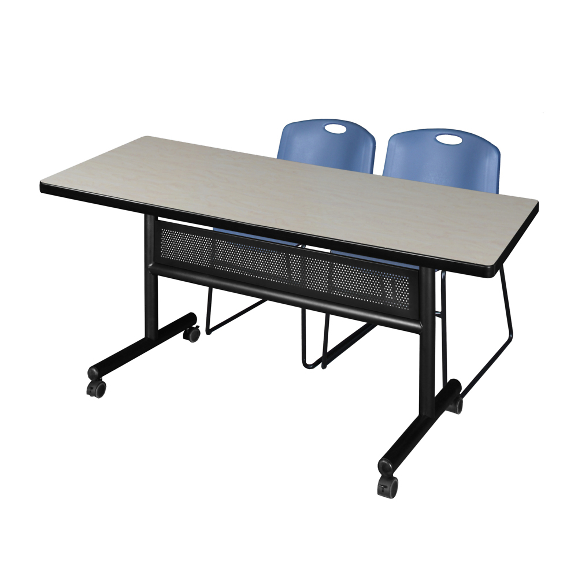 Regency Kobe Flip-Top Privacy Nesting Table Set — 60in. x 30in., Maple, 2 Zeng Stack Chairs, Blue, Model# MKFTM6030PL44BE