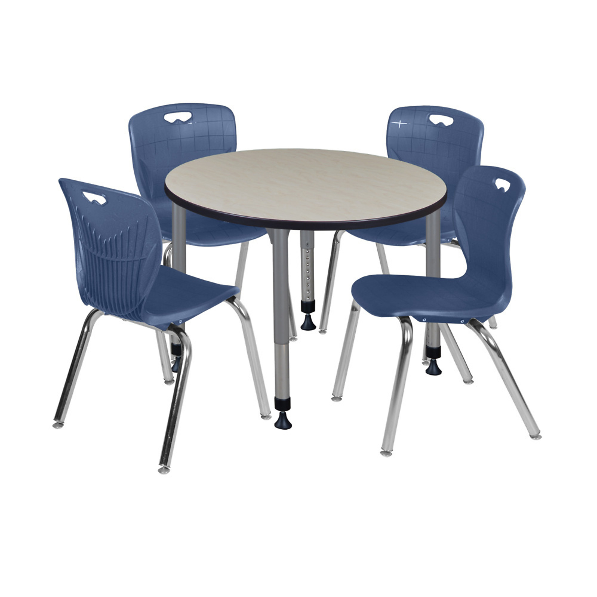 Regency Kee Adjustable Classroom Table Set — 42in. Round Maple Table, 4 Navy Blue Andy 18in. Stack Chairs, Model# TB42RNDPLAPGY40NV