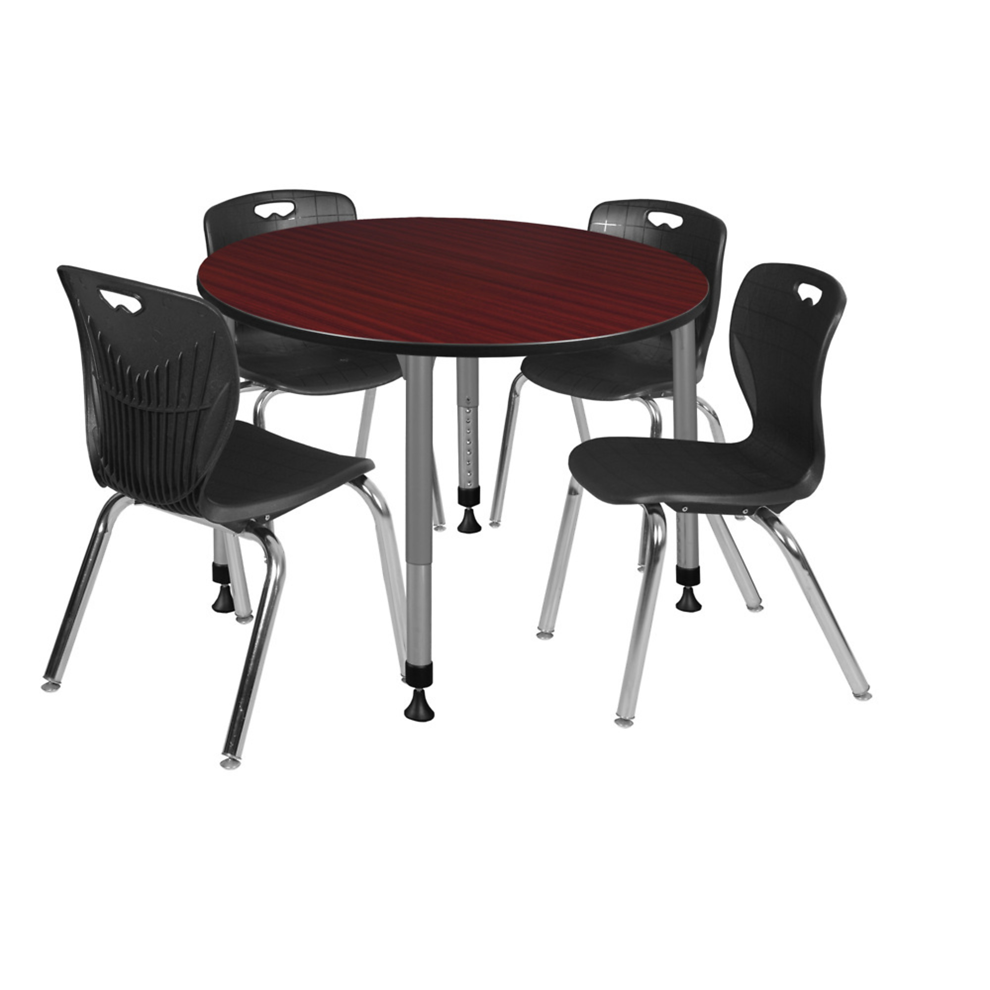Regency Kee Adjustable Classroom Table with 4 Andy Stack Chairs — 48in. Round, Mahogany, Black & Grey, Model# TB48RNDMHAPGY40BK