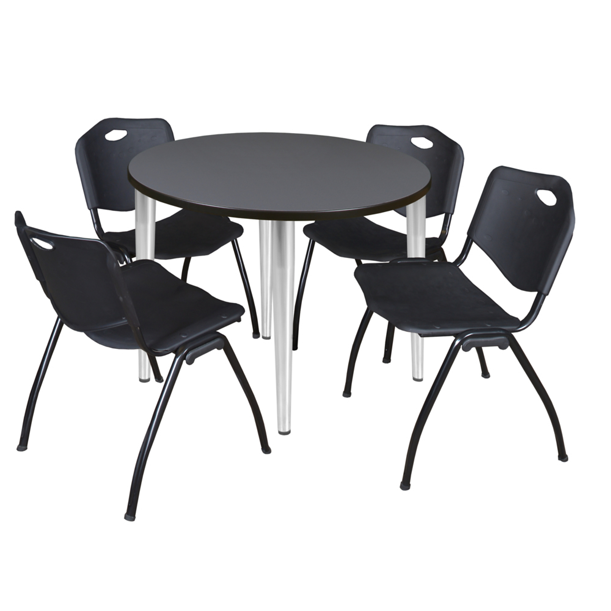 Regency Kahlo Round Breakroom Table Set — 36in. Grey/Chrome Table, 4 Black Stack Chairs, Model# TPL36RNDGYCM47BK