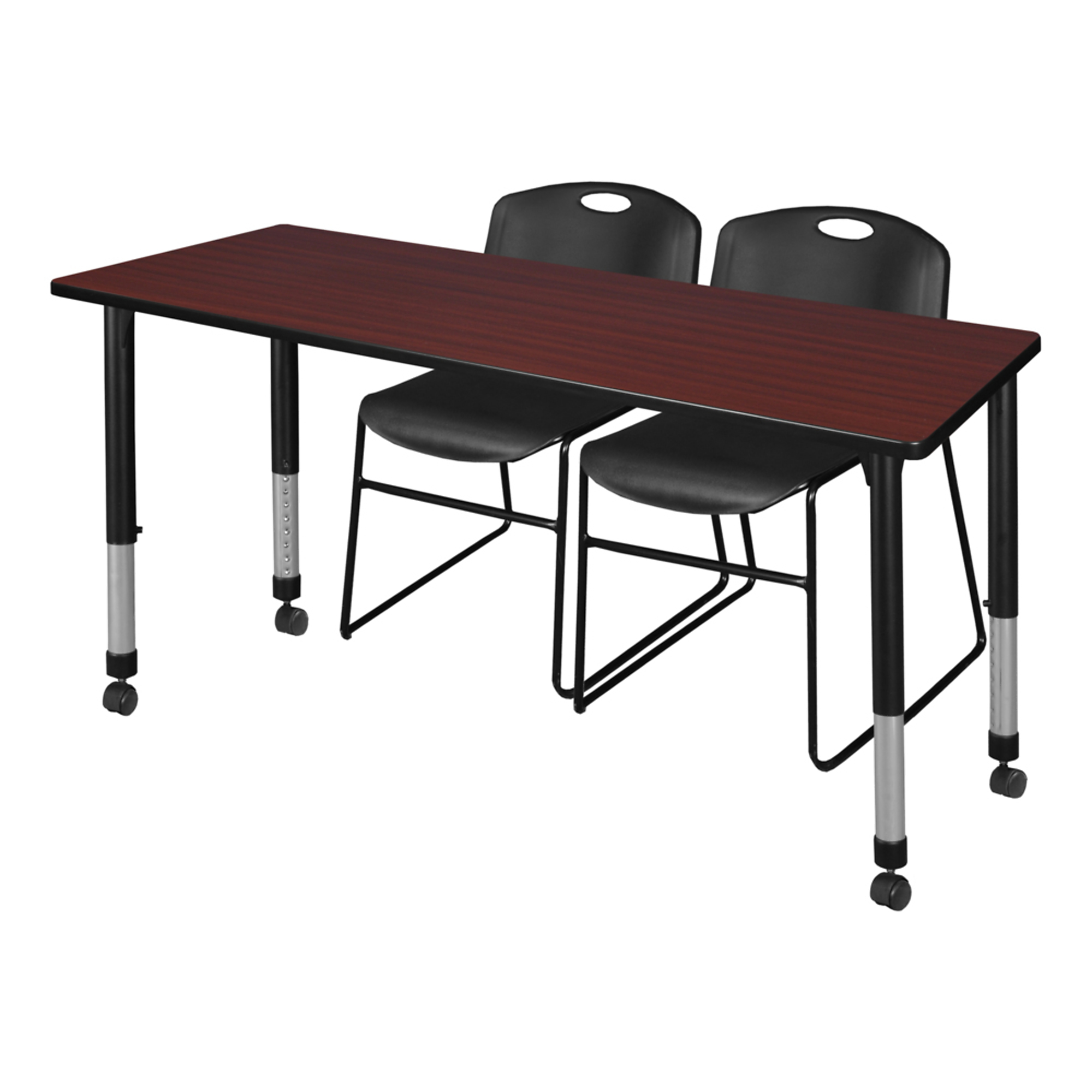 Regency Kee Mobile Adjustable Classroom Table — 60in. x 30in., Mahogany, with 2 Black Zeng Stack Chairs, Model# MT6030MHAPCBK44BK