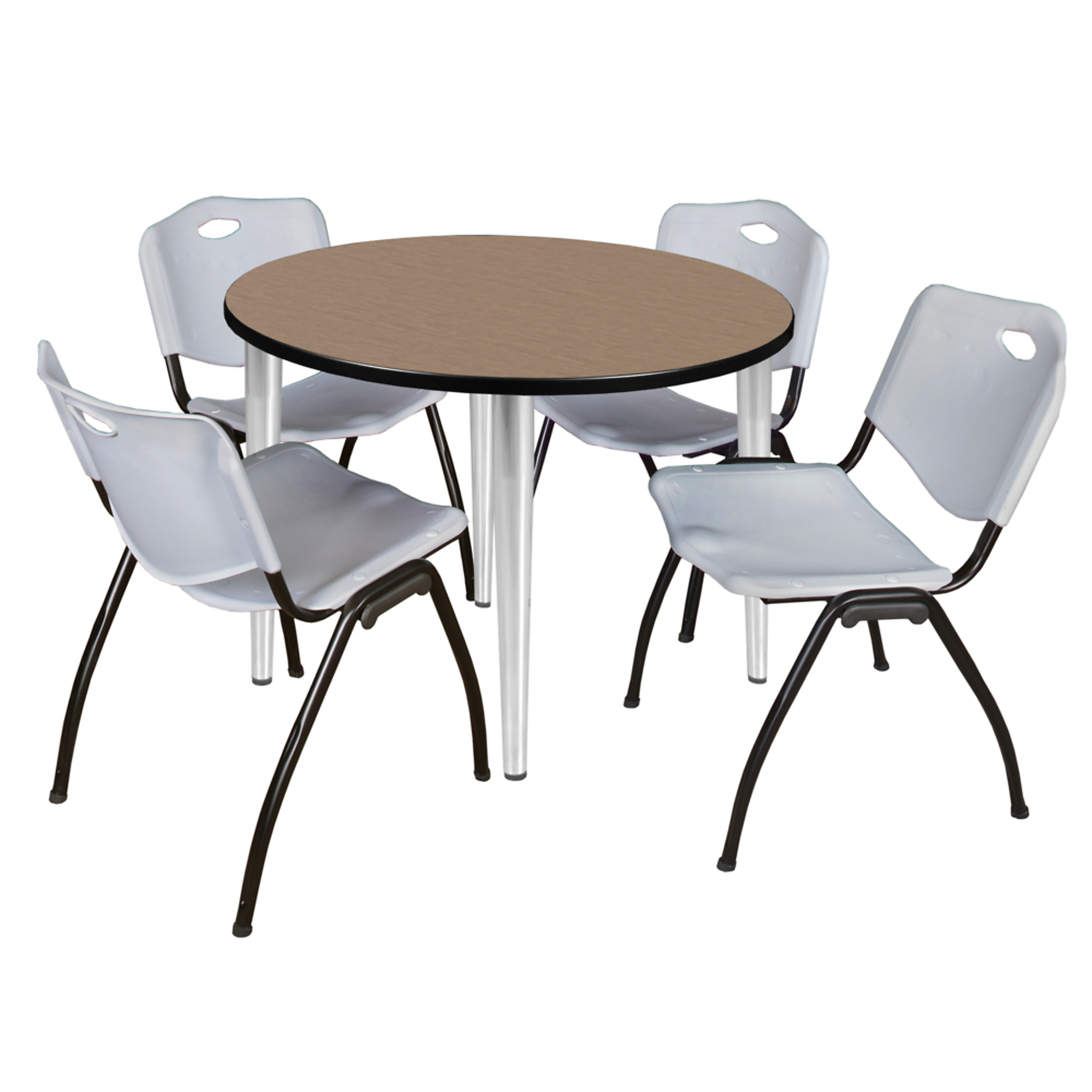 Regency Kahlo Round Breakroom Table Set — 42in. Noble Oak Top, Chrome Base, 4 Grey Stack Chairs, Model# TPL42RNDNOCM47GY