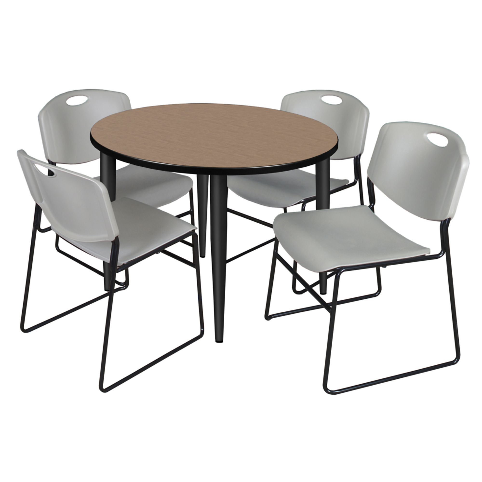 Regency Kahlo Round Breakroom Table — 42in., Noble Oak/Neo Walnut Top, Black Base, 4 Grey Zeng Stack Chairs, Model# TPL42RNDNOBK44GY
