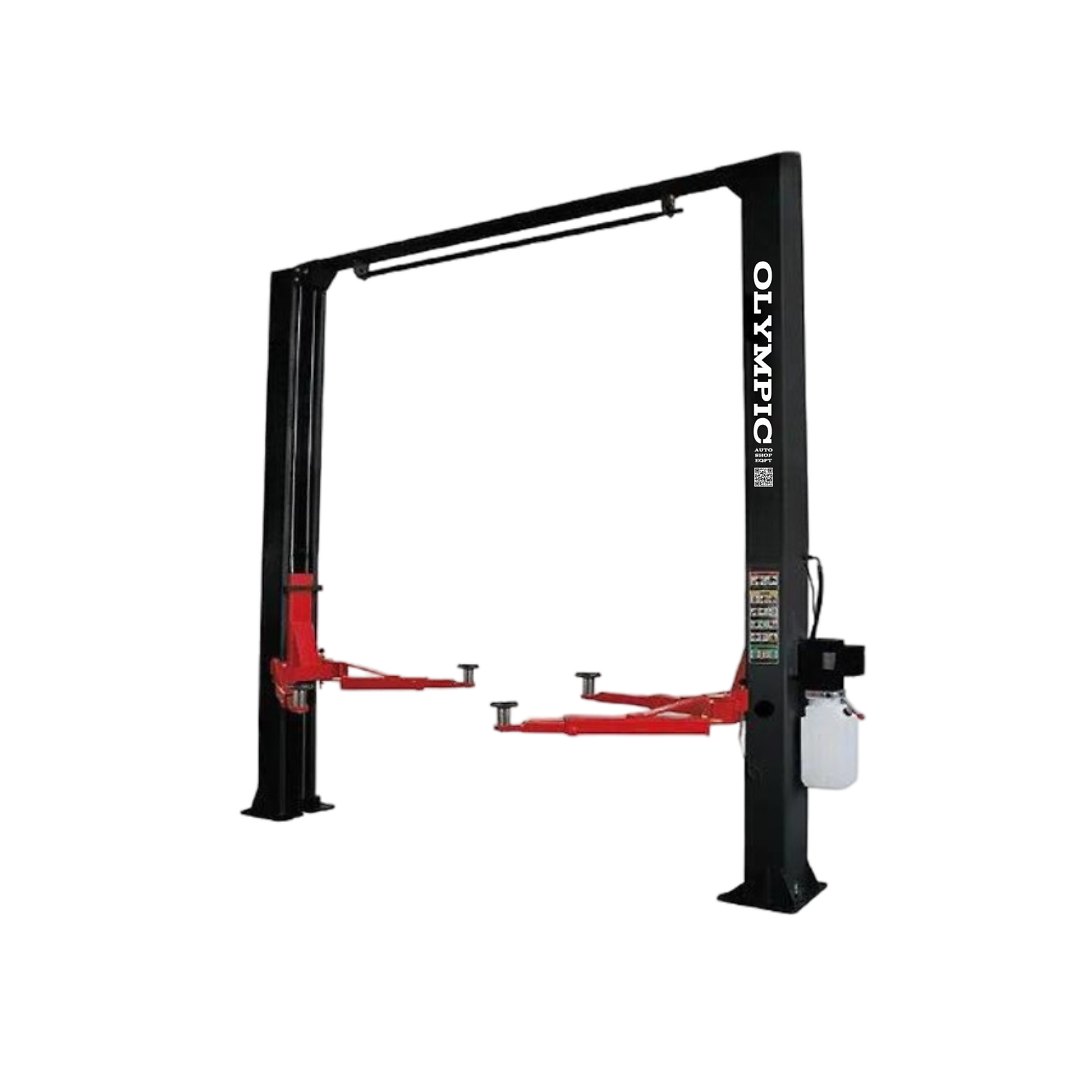 Model: Olympic 2PCF-9 / 9,000-lb Symmetric Post Clear-Floor / Dual Point Lock Release / 2-Stage Arms / 2-Stage Foot Pads / 142? H × 129? W / 10-Year Warranty / SHIPS FREE!