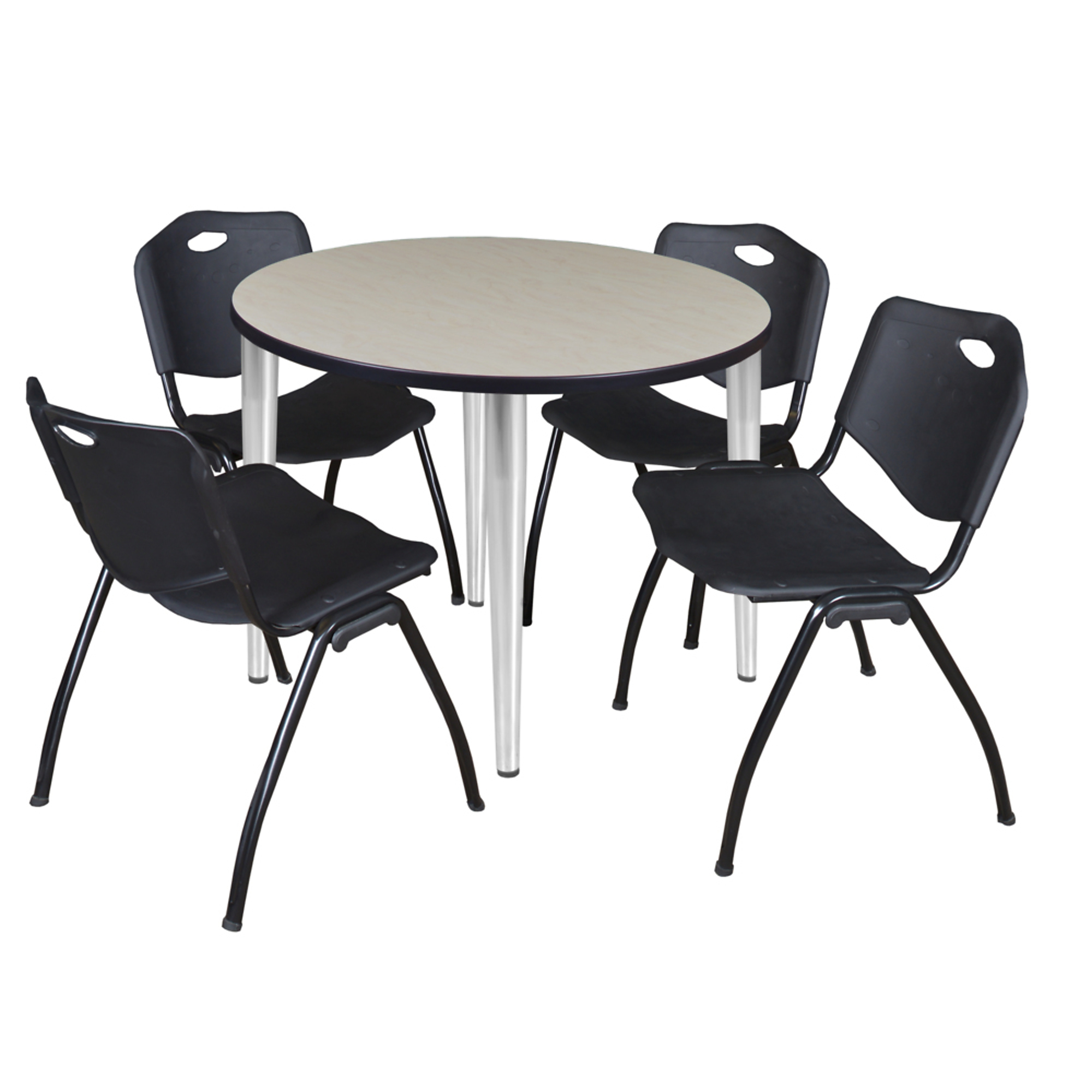 Regency Kahlo Round Breakroom Table Set — 36in. Maple/Cherry Top, Chrome Base, 4 Black Stack Chairs, Model# TPL36RNDPLCM47BK