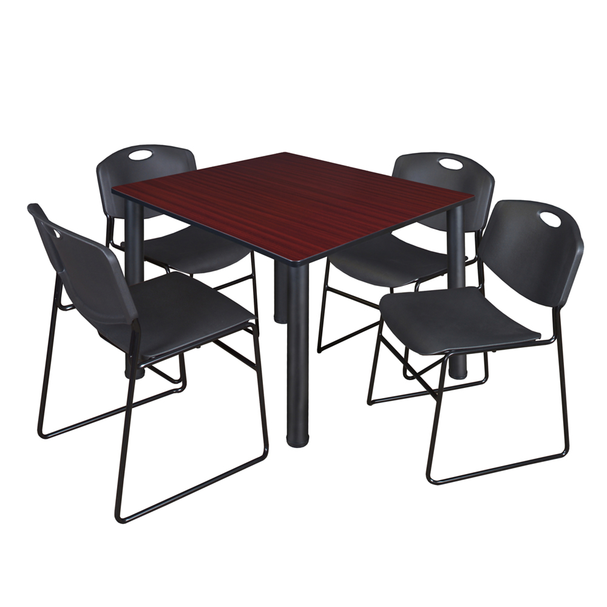 Regency Kee Breakroom Table Set — 48in. Square, Mahogany Top, Black Legs, 4 Zeng Stack Chairs, Model# TB4848MHBPBK44BK