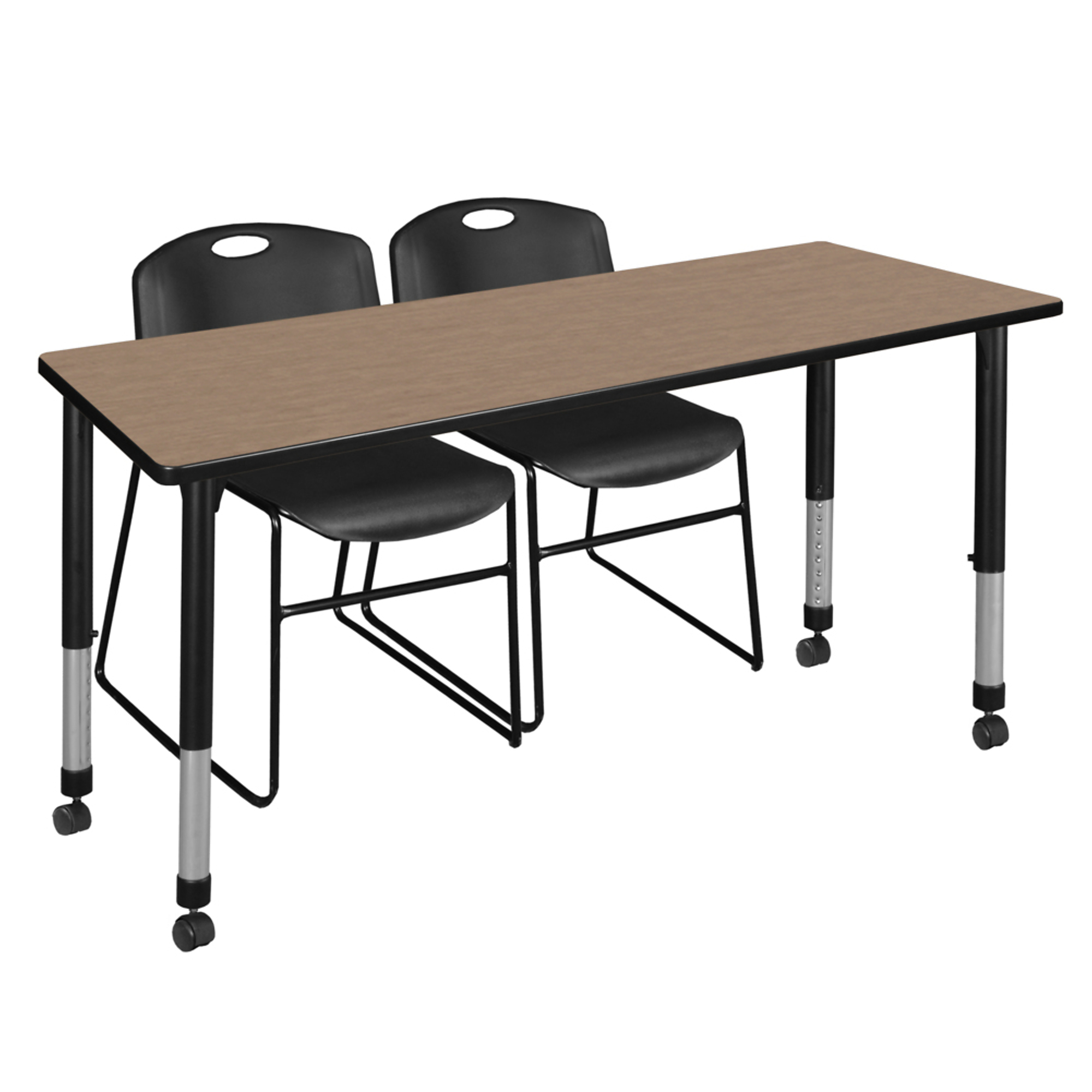 Regency Kee Mobile Adjustable Classroom Table Set — 72in. x 24in., Noble Oak Top, Black Base, Includes 2 Black Zeng Stack Chairs, Model# MT7224NOAPCBK44BK