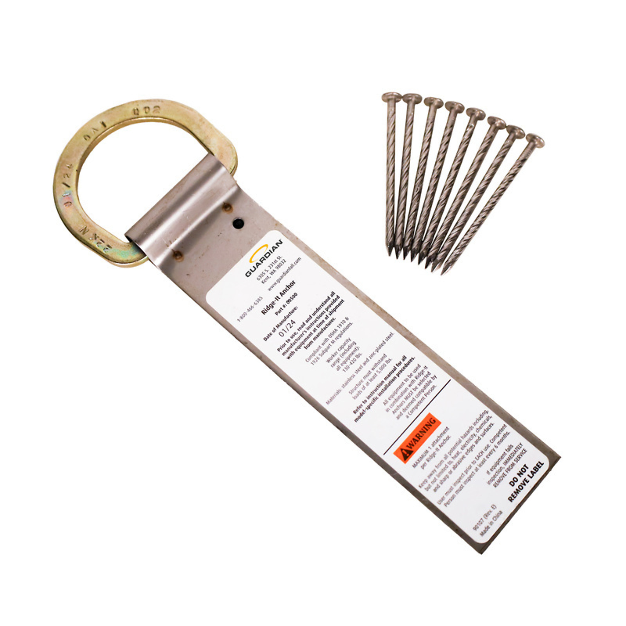 Guardian™ 00500 Ridge-It D Ring Roof Anchor | Zinc-Plated Stainless Steel | Nails Included | OSHA and ANSI Compliant | 9 inches