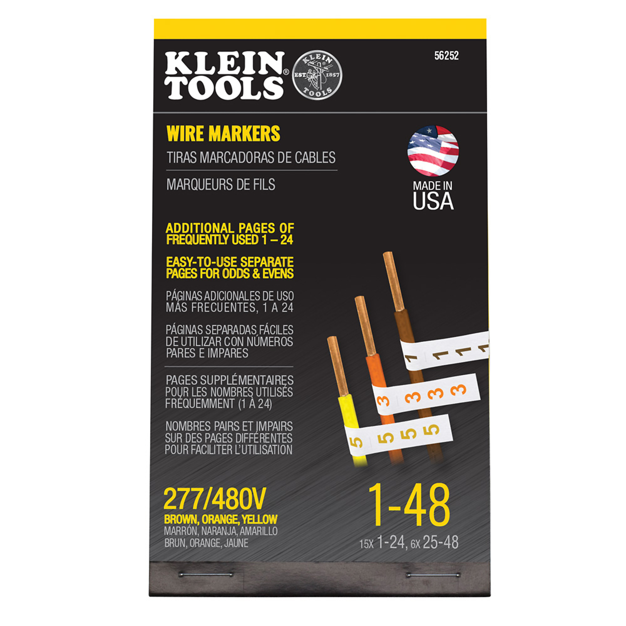 Klein Tools Wire Marker Book — 277/480V, 3 Phase, 1-48, Vinyl Coated Cloth, Model# 56252