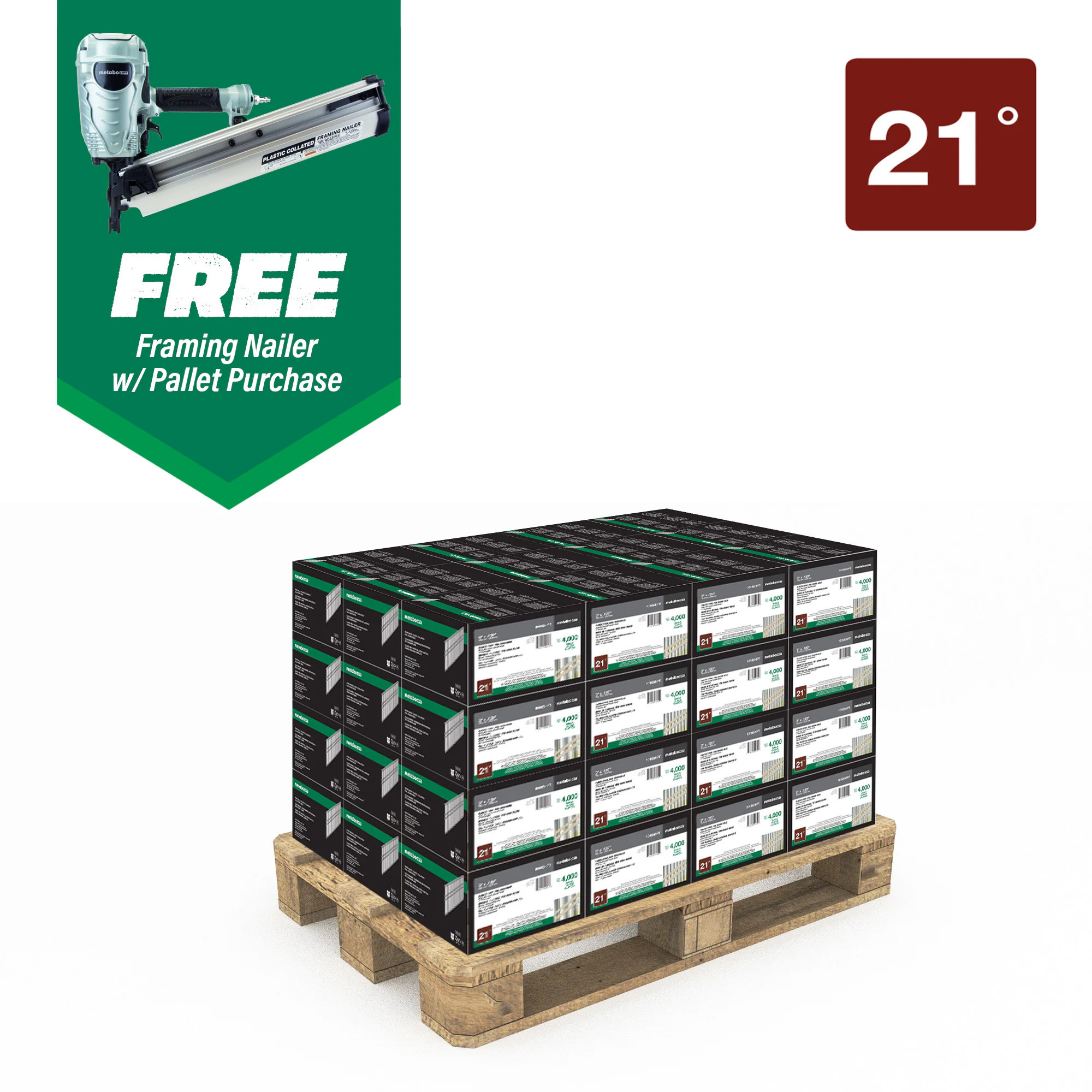 Metabo HPT Framing Nails with Free Pneumatic Framing Nailer — 2 3/8in. x 0.113in., 21-Degree, Ring Shank, Bright Finish, Model# 10103NR90AES1M