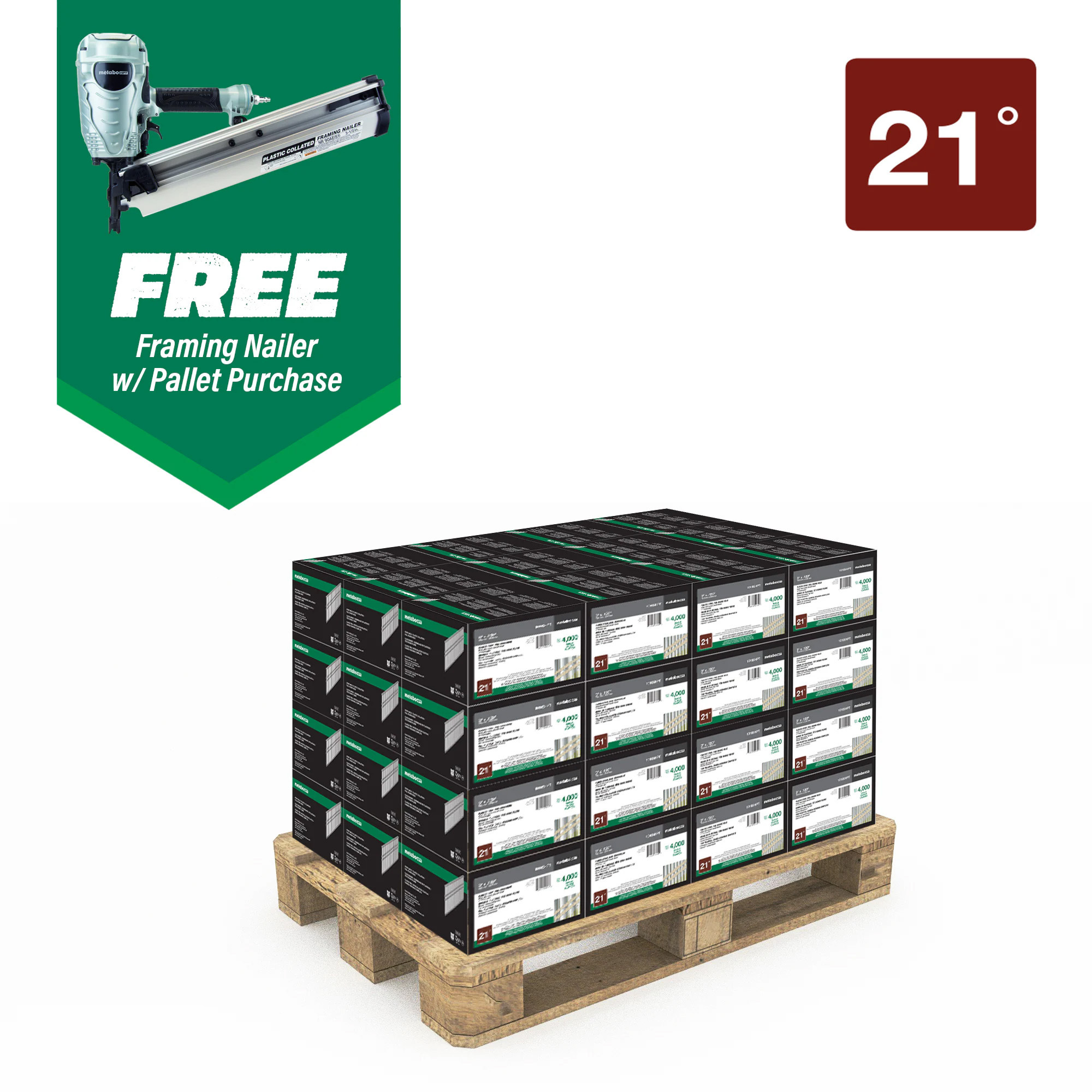 Metabo HPT 21° Framing Nails — 3in. x .131in., Smooth, Bright, Includes Free Pneumatic Framing Nailer, Model# 10110NR90AES1M