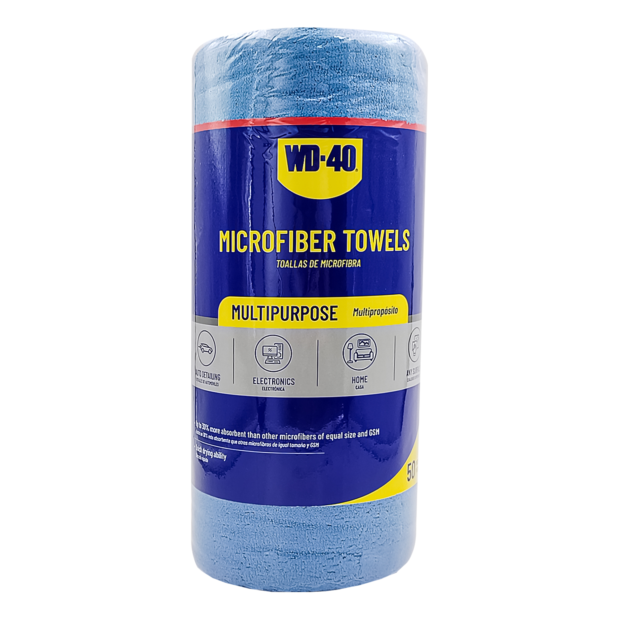 WD-40 Extra Absorbent Microfiber Towel — Blue, 50-Pack Roll, Model# L40111