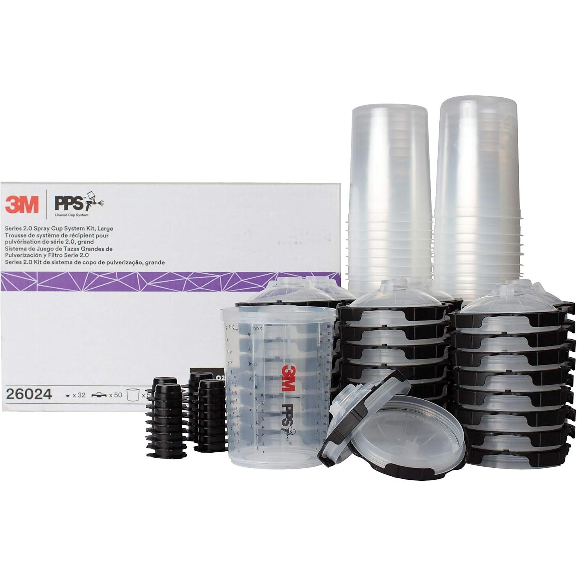 3M PPS 2.0 Spray Gun Cup Kit — 28 Oz., 200-Micron Filter, Includes 1 Paint Cup, 50 Disposable Lids and Liners, 32 Sealing Plugs, Model# 26024