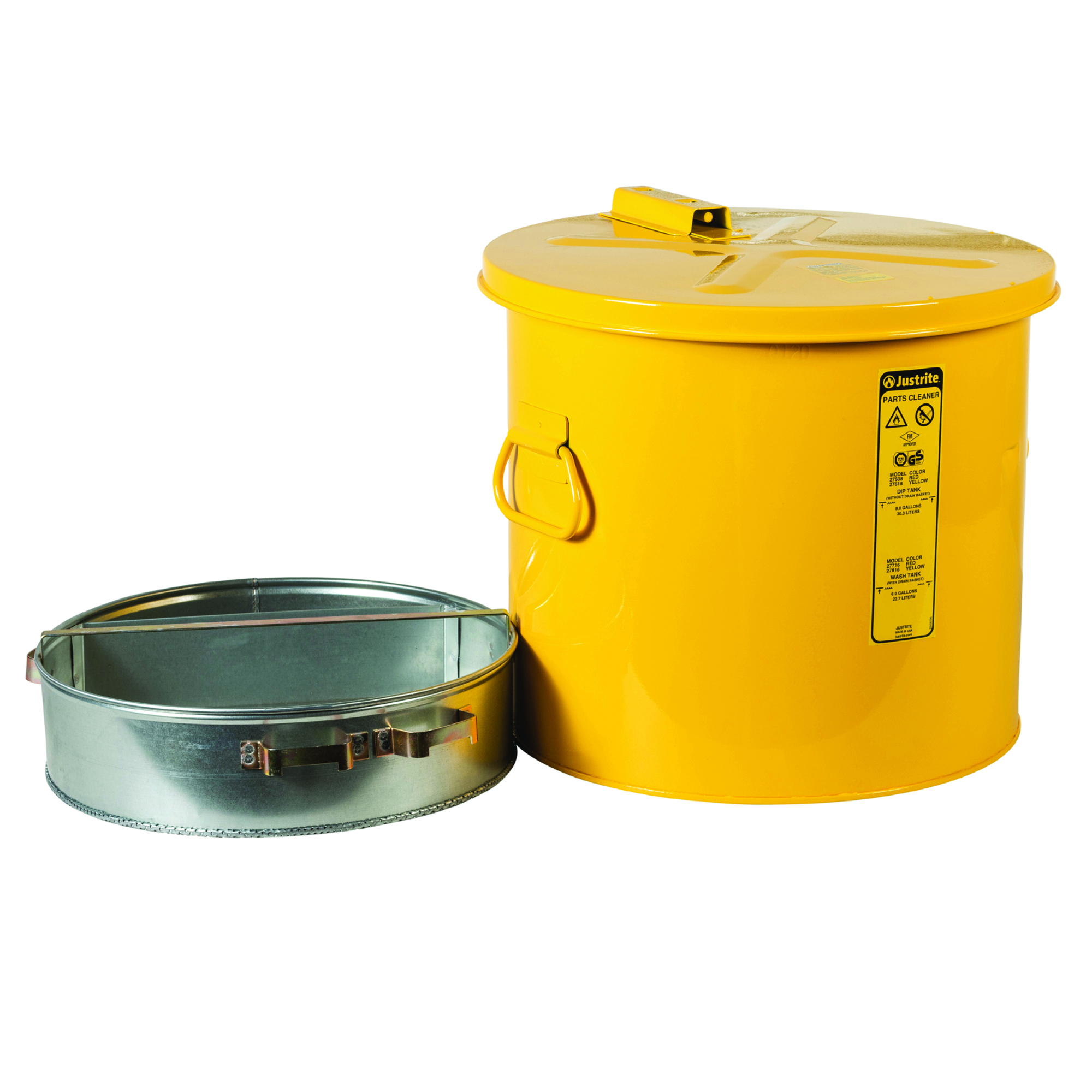 Justrite Wash Tank with Basket — 6-Gallon, Self-Closing Cover, Steel, Yellow, Model# 27816
