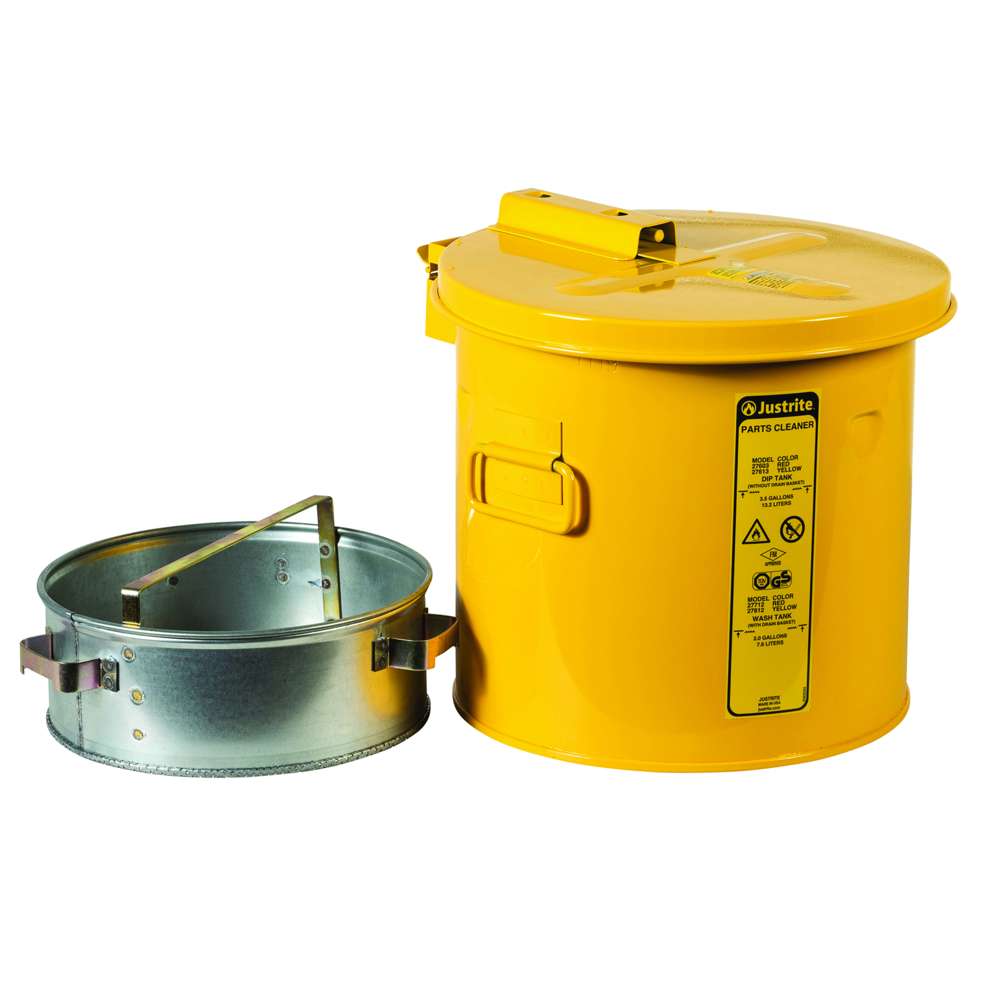 Justrite Wash Tank with Basket — 2-Gallon, Steel, Self-Closing Cover, Yellow, Model# 27812