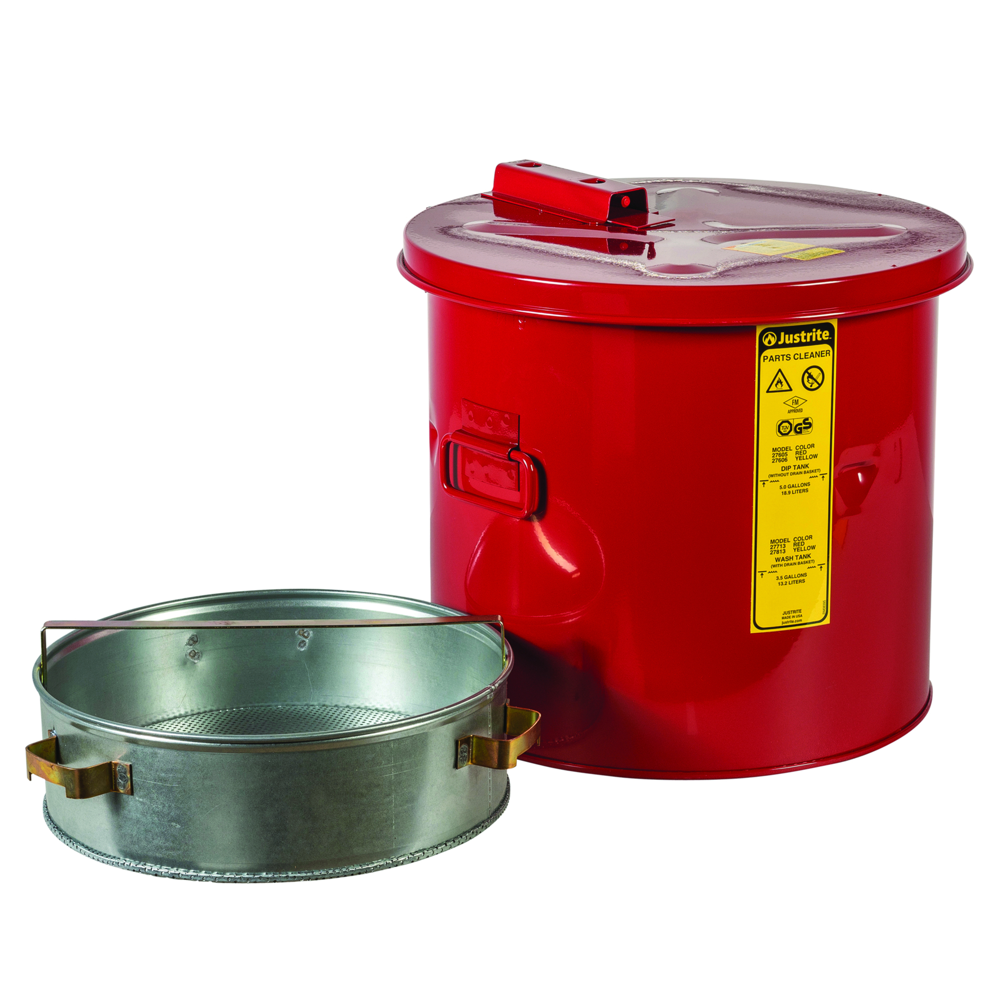 Justrite Wash Tank with Basket — 3.5 Gallon, Self-Close Cover, Steel, Red, Model# 27713