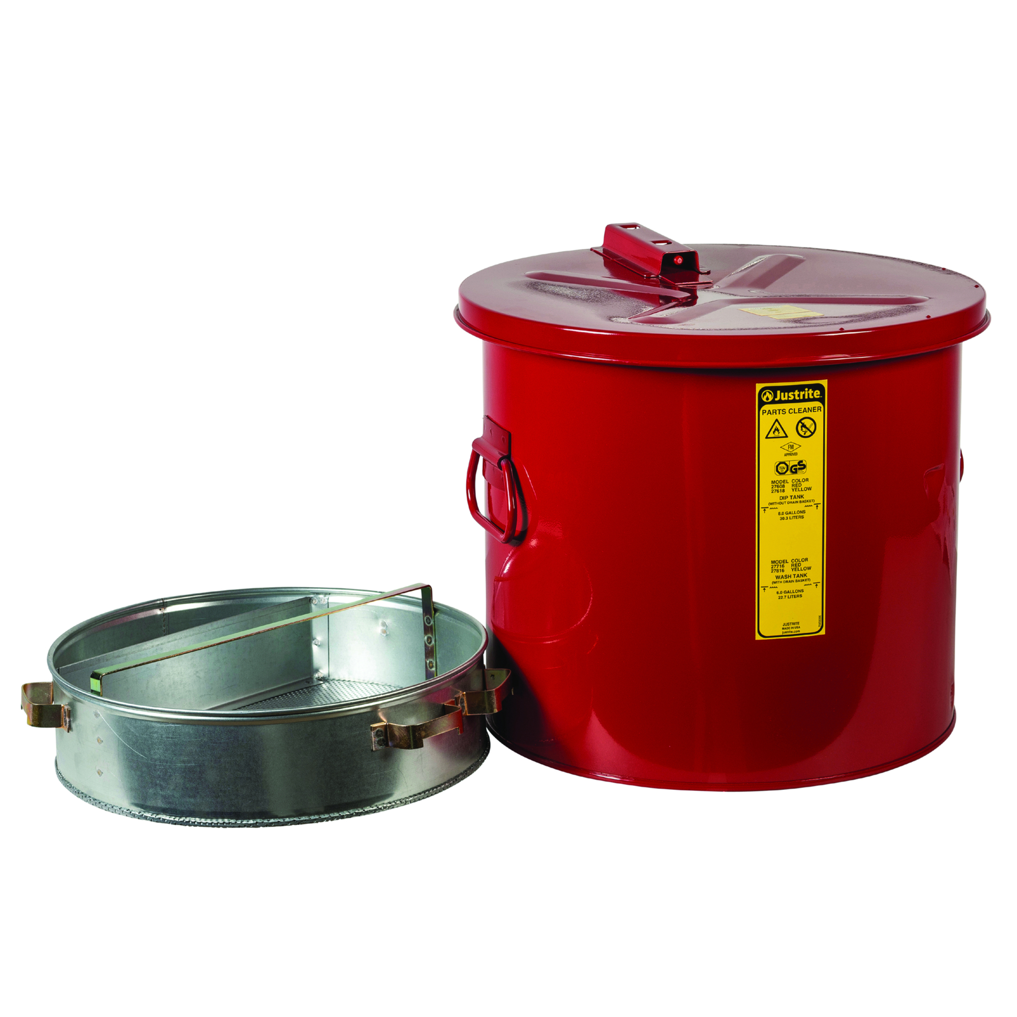 Justrite Wash Tank with Basket — 6 Gallon, Self-Close Cover, Steel, Red, Model# 27716