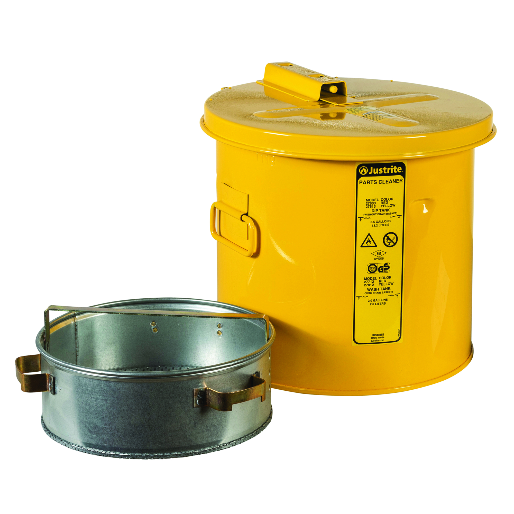 Justrite Dip Tank for Cleaning Parts — 3.5 Gallon, Manual Cover with Fusible Link, Steel, Yellow, Model# 27613
