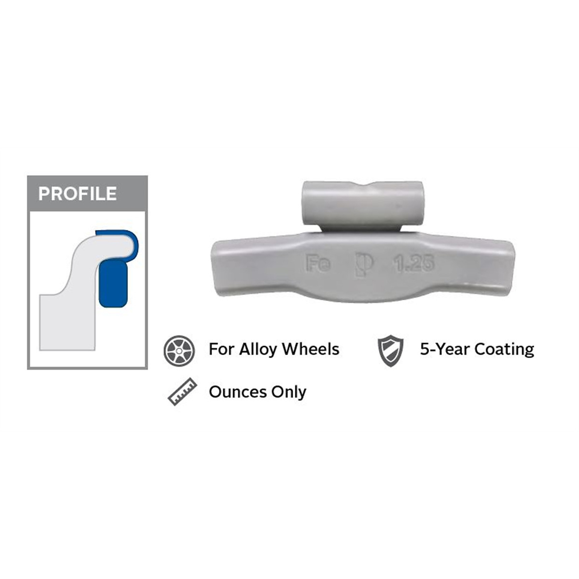 Wegmann Automotive Steel Coated Clip-On Wheel Weights — 0.75 Oz., Fits Alloy Wheels, 5-Year Coating, Box of 25, Model# PWWMC075FE