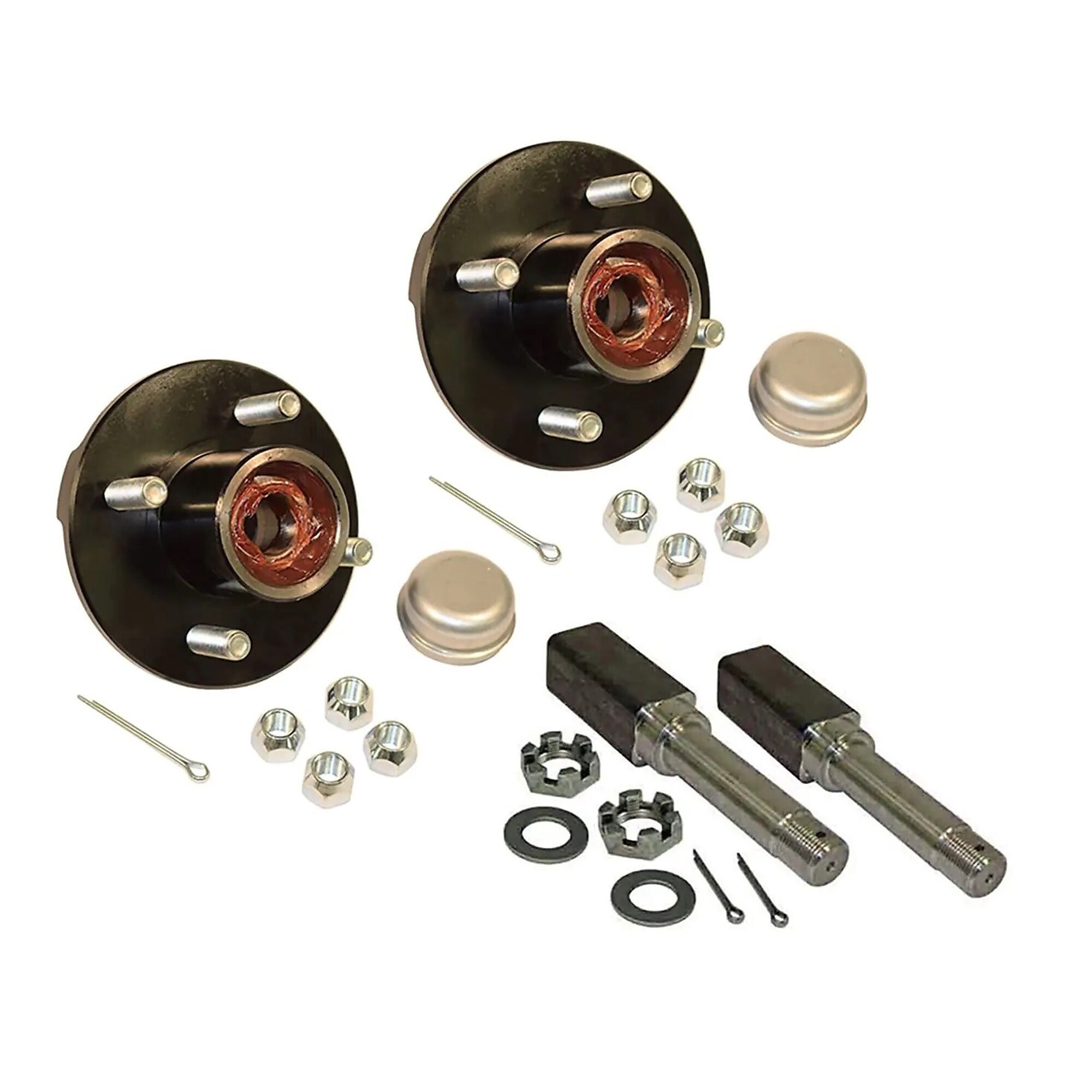 Rigid Hitch, Pair of Pre-Greased 4-Lug Hub/Square Spindle End Units, Fits 1.5in Square Tube, Spindles for 1 Inch ID Bearings, 1250lb Capacity Per Hub, Model# AKSQ-200044-PG