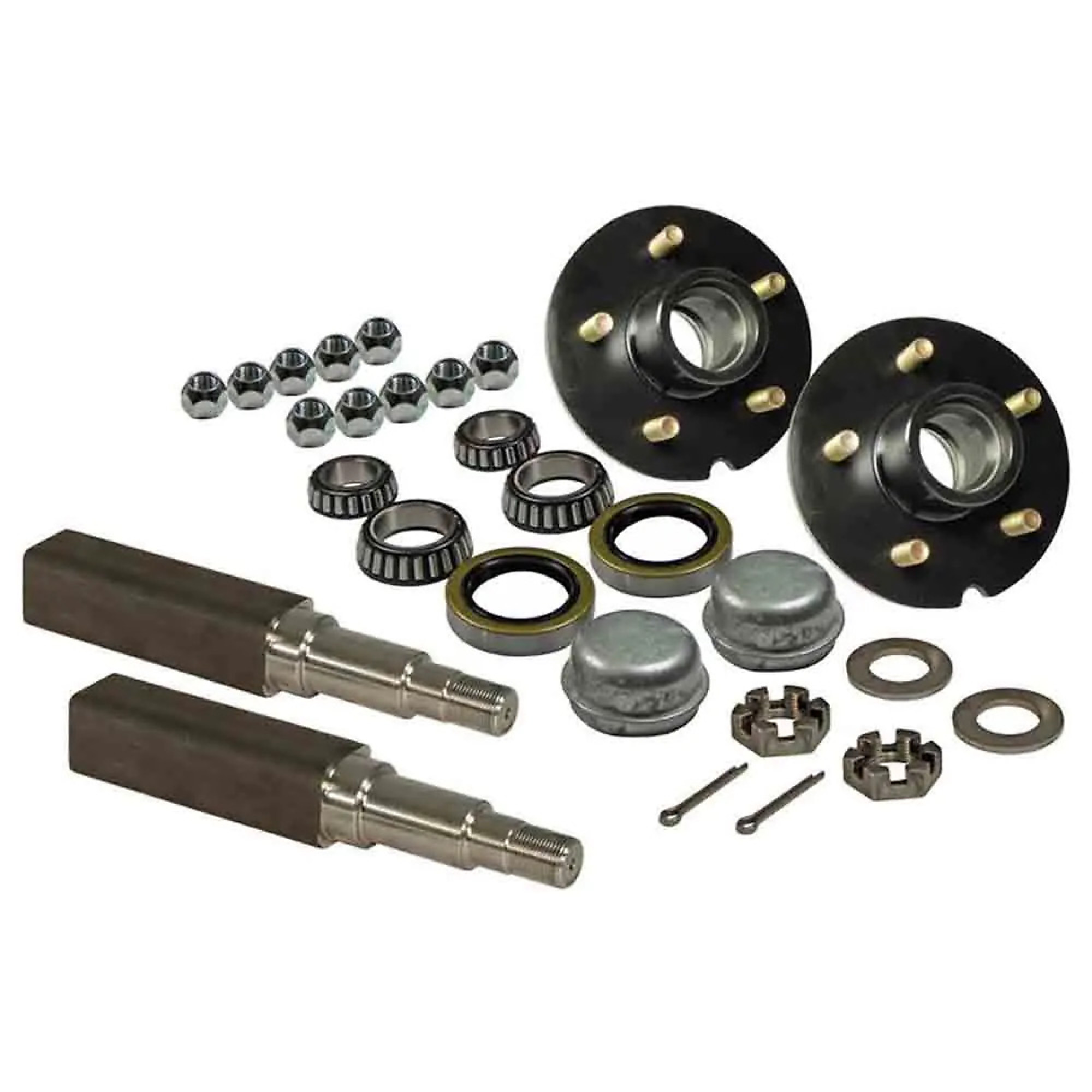 Rigid Hitch, Pair of 5-Lug Hub/Square Spindle End Units, Fits 2in Square Tube, 1-3/8 Inch to 1-1/16 Inch Tapered Spindles, 1750lb Capacity Per Hub, Model# AKSQ-3500545