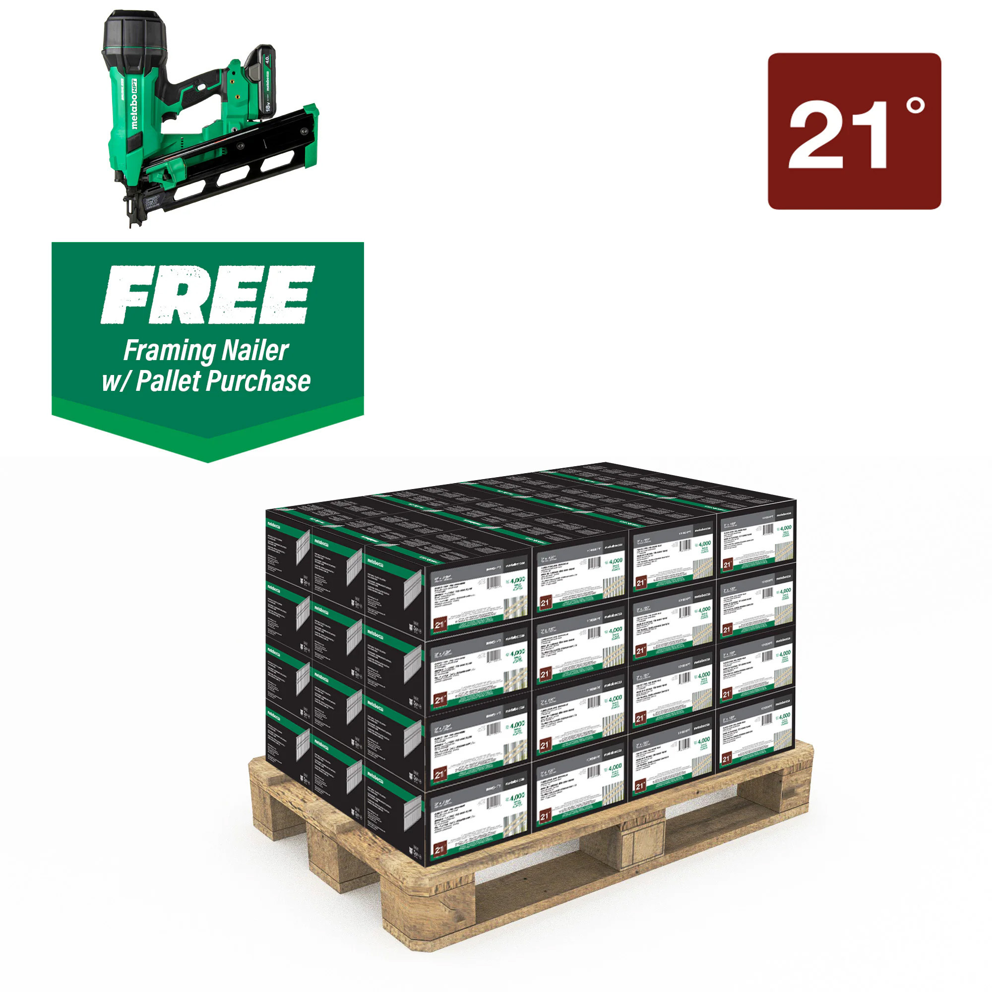 Metabo HPT Framing Nails — 2 3/8in. x 0.113in., 21°, Smooth, Bright, Includes Free Cordless Framing Nailer, Model# 10102NR1890DRAM