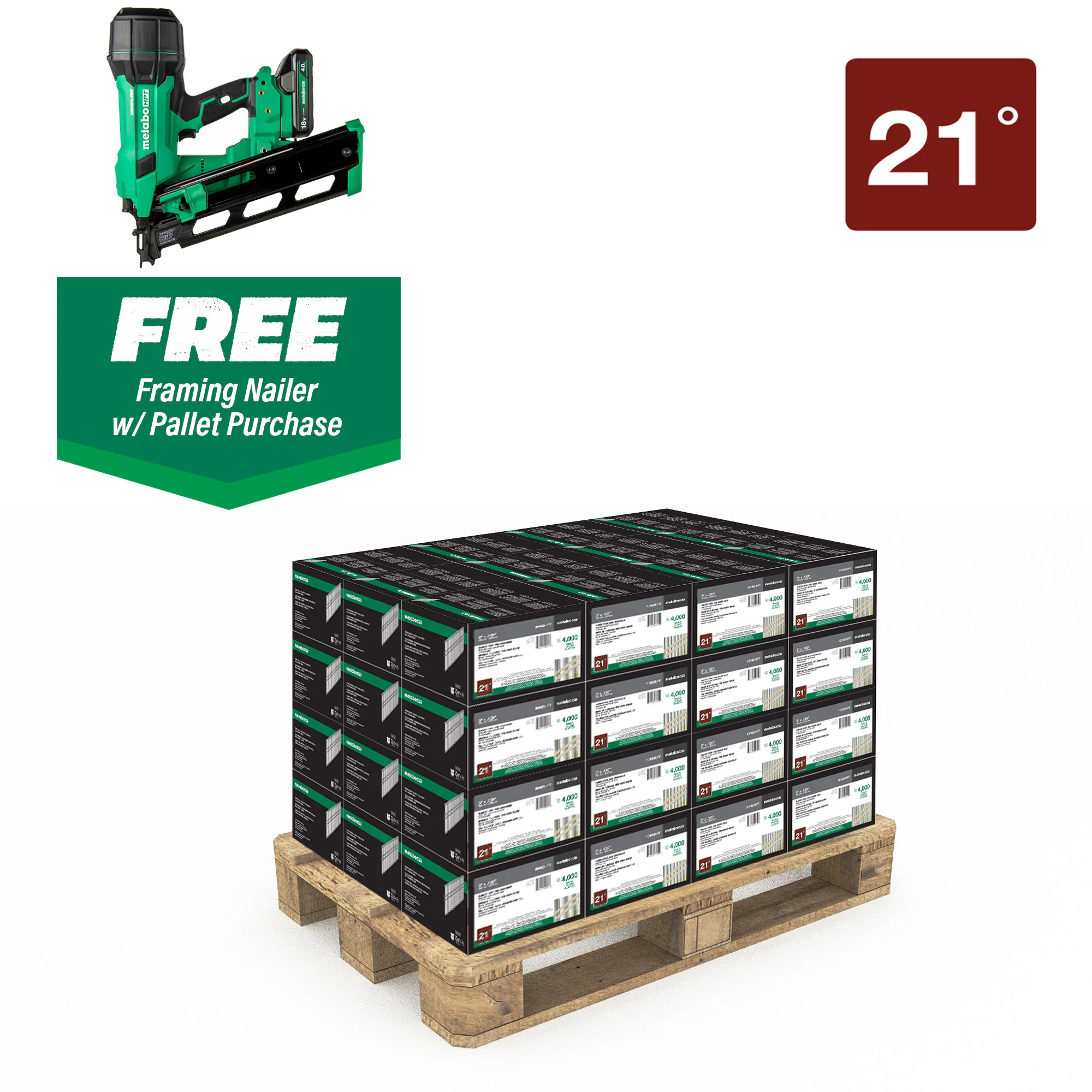 Metabo HPT 21° Framing Nails — 2 3/8in. x 0.113in., Ring Shank, Bright Finish, Free Cordless Framing Nailer, Model# 10103NR1890DRAM
