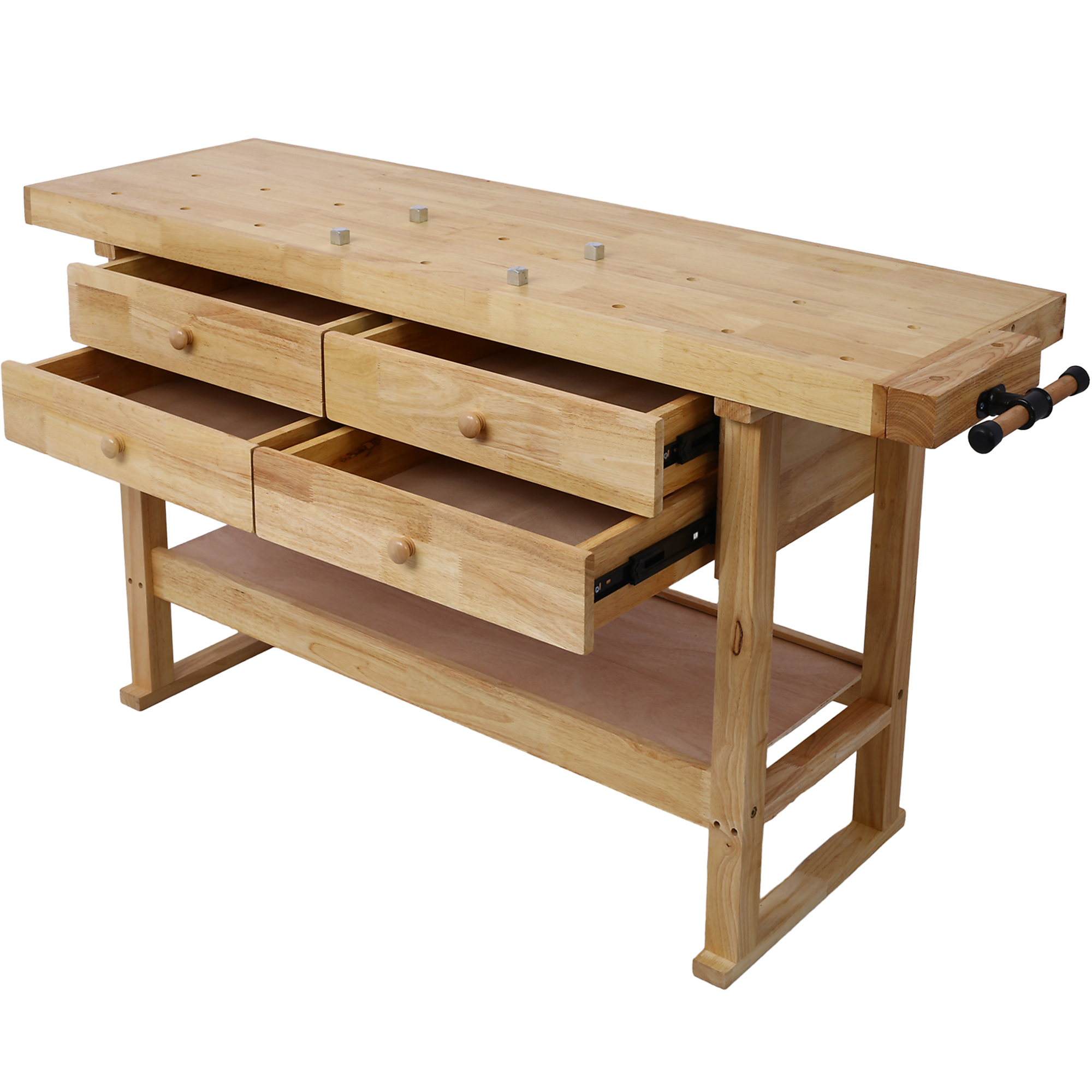 BlackTeck Wood Workbench — 64.5in. x 20in., Rubber Wood, Four Drawers, Bottom Shelf, Adjustable Handle, Model# N2-94606