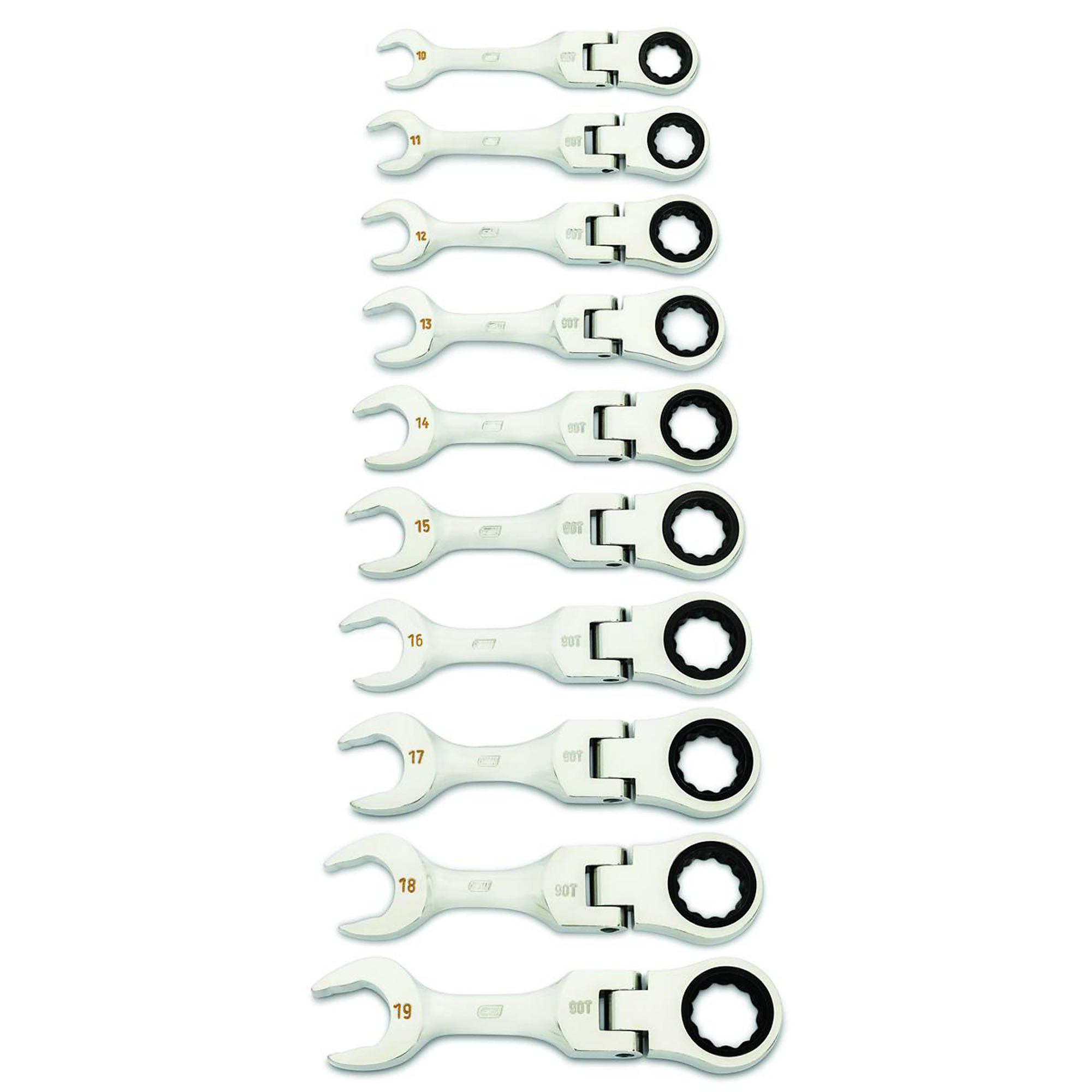 GearWrench 10-Piece 90-Tooth Metric Stubby Flex Ratcheting Combination Wrench Set — Alloy Steel, 12-Point, Model# KDT86870