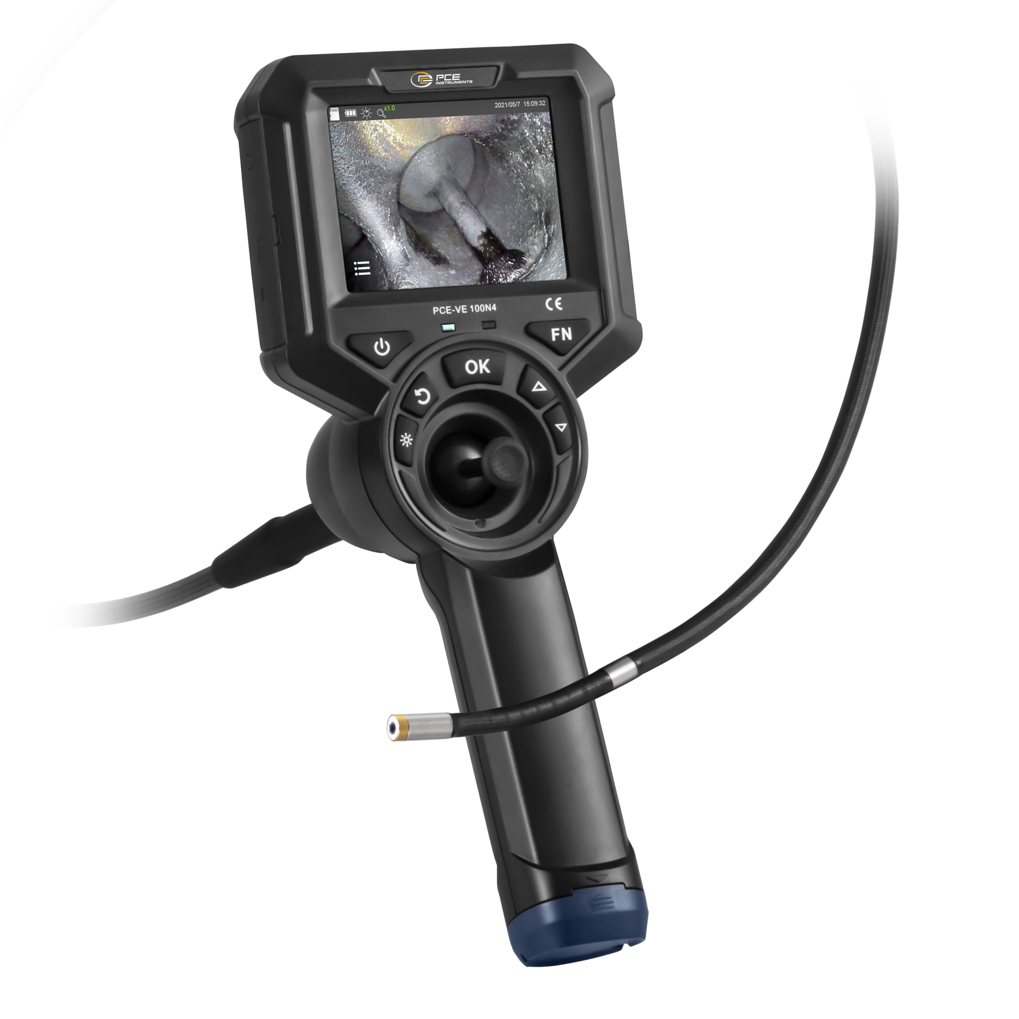 PCE 4-Direction Video Borescope — 1m Cable, 6mm Camera Head, Adjustable LED, Model# PCE-VE 100N4