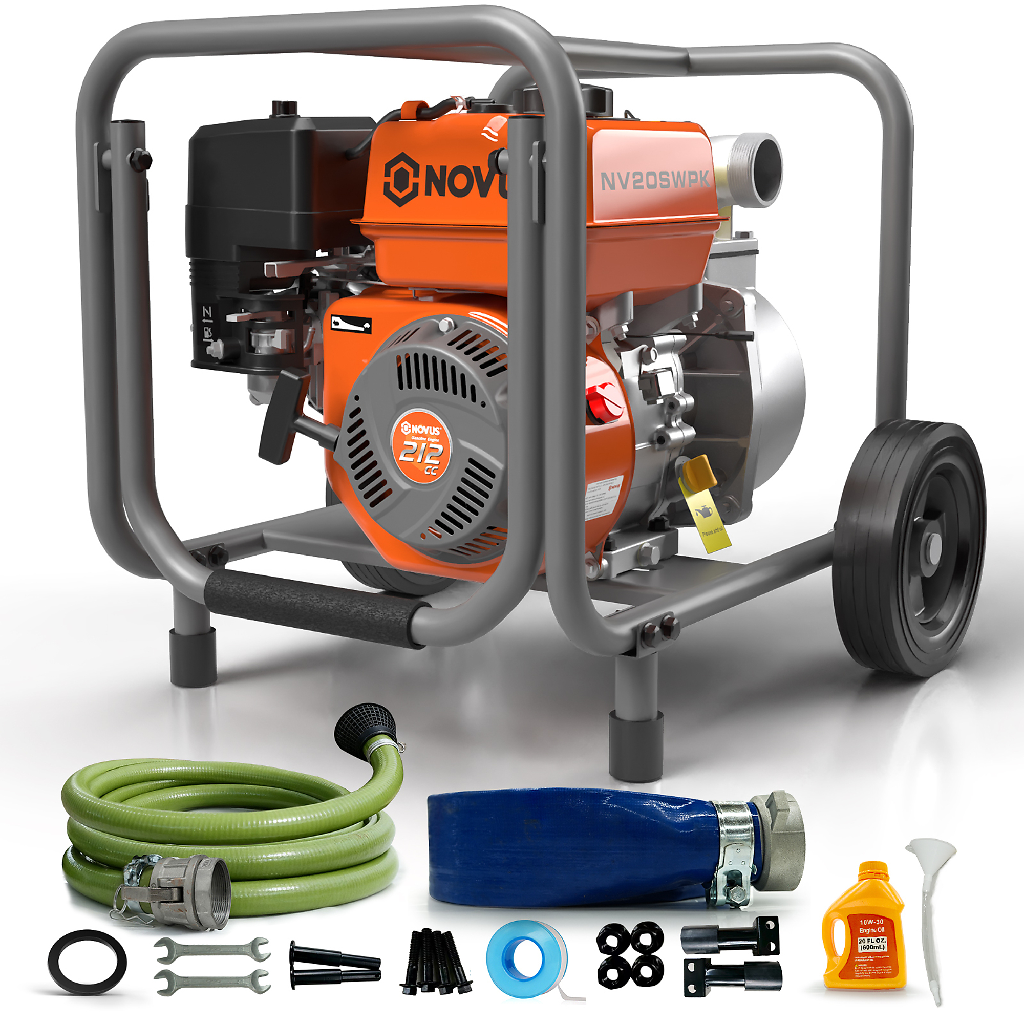 Novus Semi-Trash Water Pump Kit — 2in. Inlet/Outlet, 212cc 4-Cycle Engine, 141 GPM, Foldable Handle, Wheels, 25ft. Discharge Hose, 12ft. Suction Hose, EPA Certified, Model# NV20SWPK
