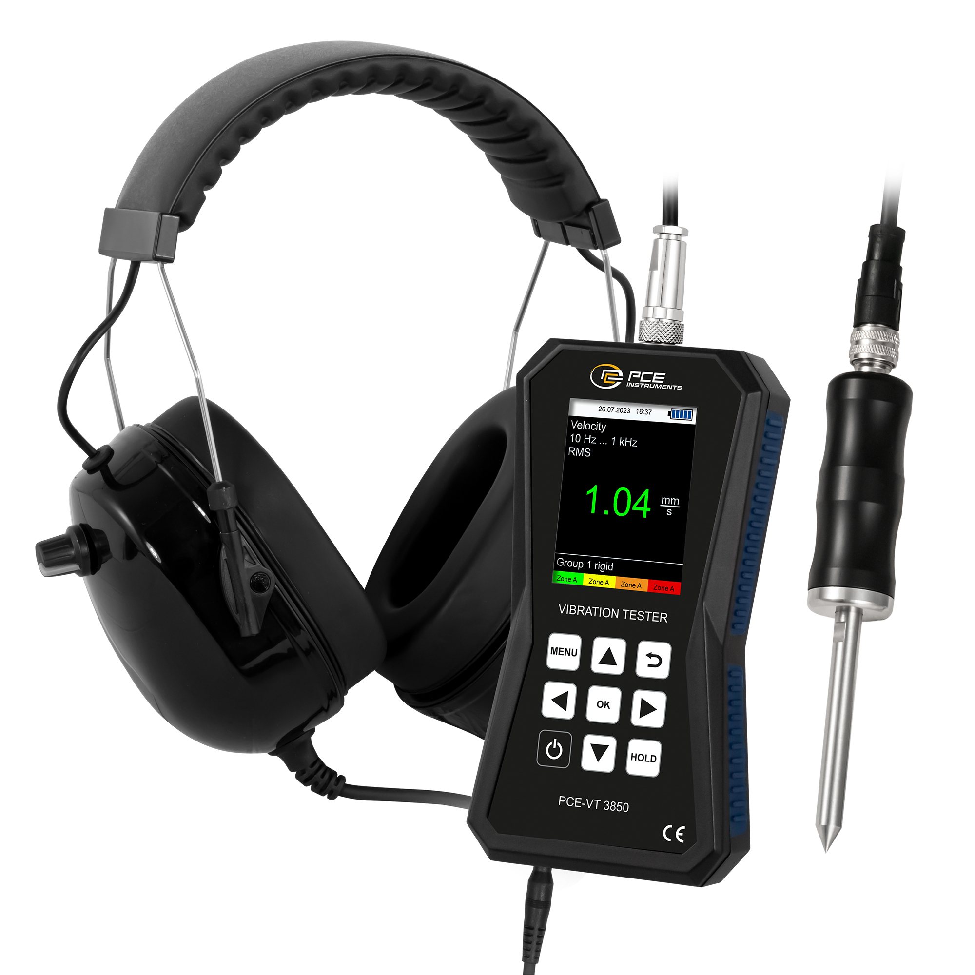PCE Vibration Meter — External Sensor, Measures Vibration Displacement Up to 3.9, Model# PCE-VT 3850S