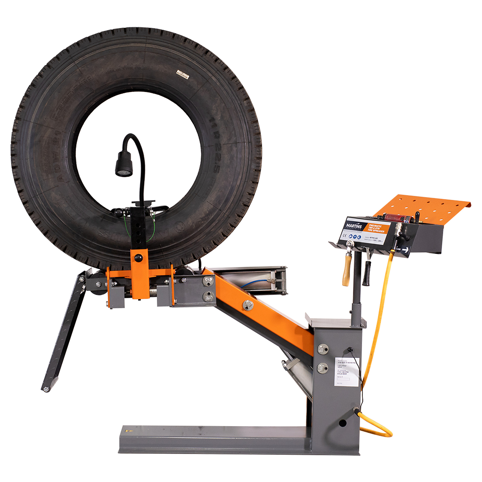 Martins Industries Pneumatic TBR & OTR Tire Spreader — Heavy-Duty, Automatic Tire-Lifting Platform, Adjustable Swivel Hooks, Tool Holder and Tray, Model# MTRS-HD