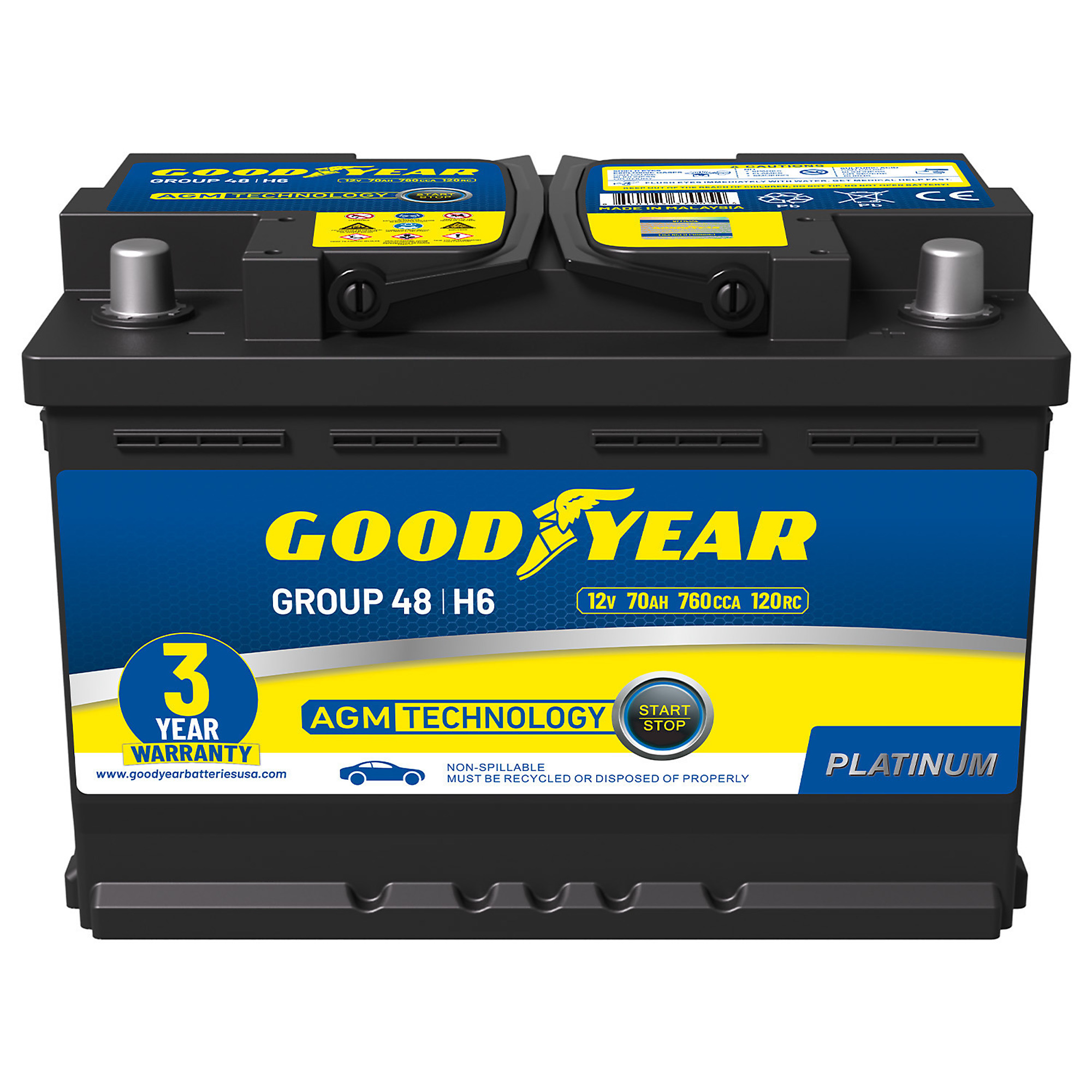 Goodyear Platinum Series AGM Automotive Battery — 12V, 70Ah, 760 CCA, 120 RC, Maintenance-Free, Model# GY4140749