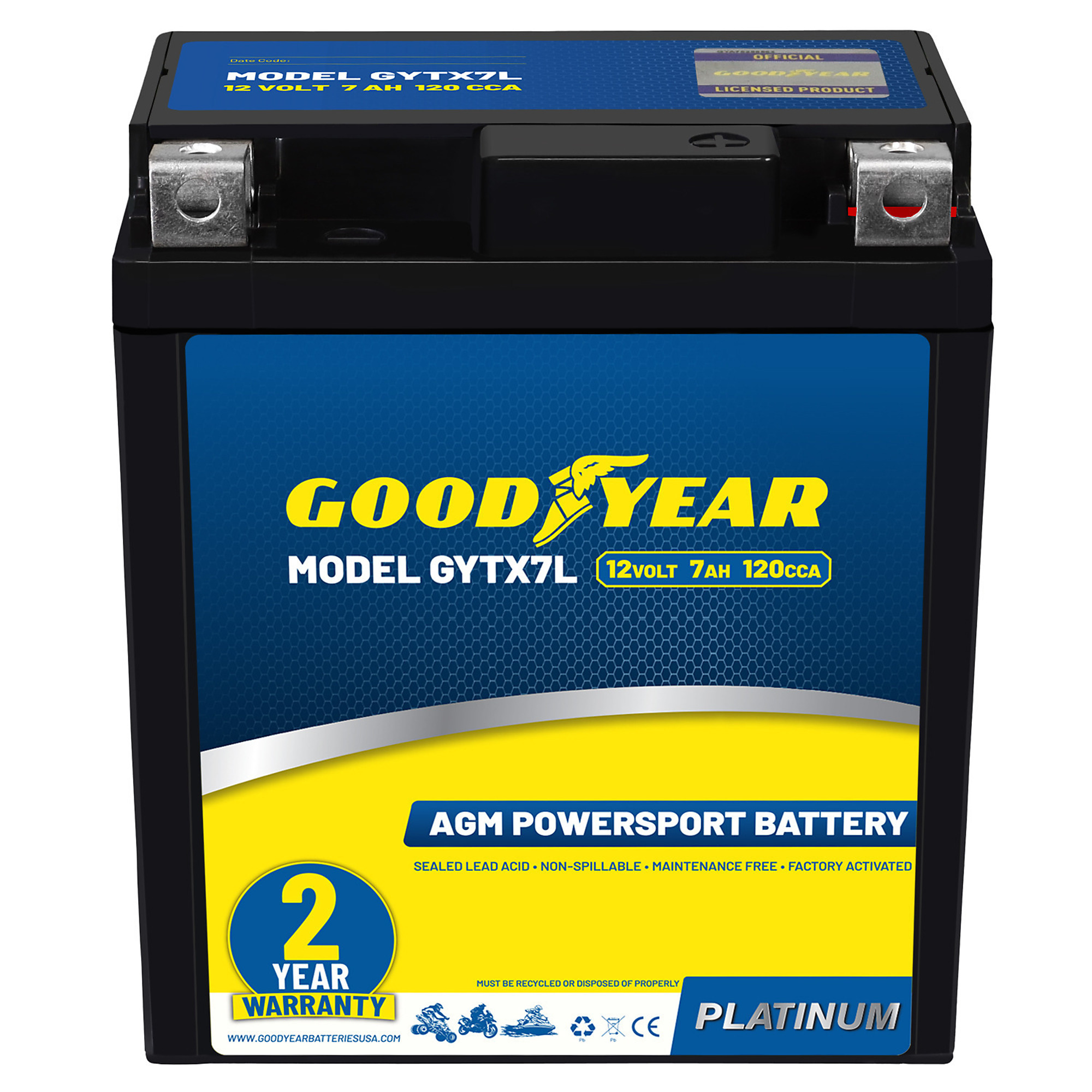 Goodyear Rechargeable High-Performance SLA AGM Battery — 12V, 7Ah, 120 CCA, Maintenance-Free, Model# GY4140757