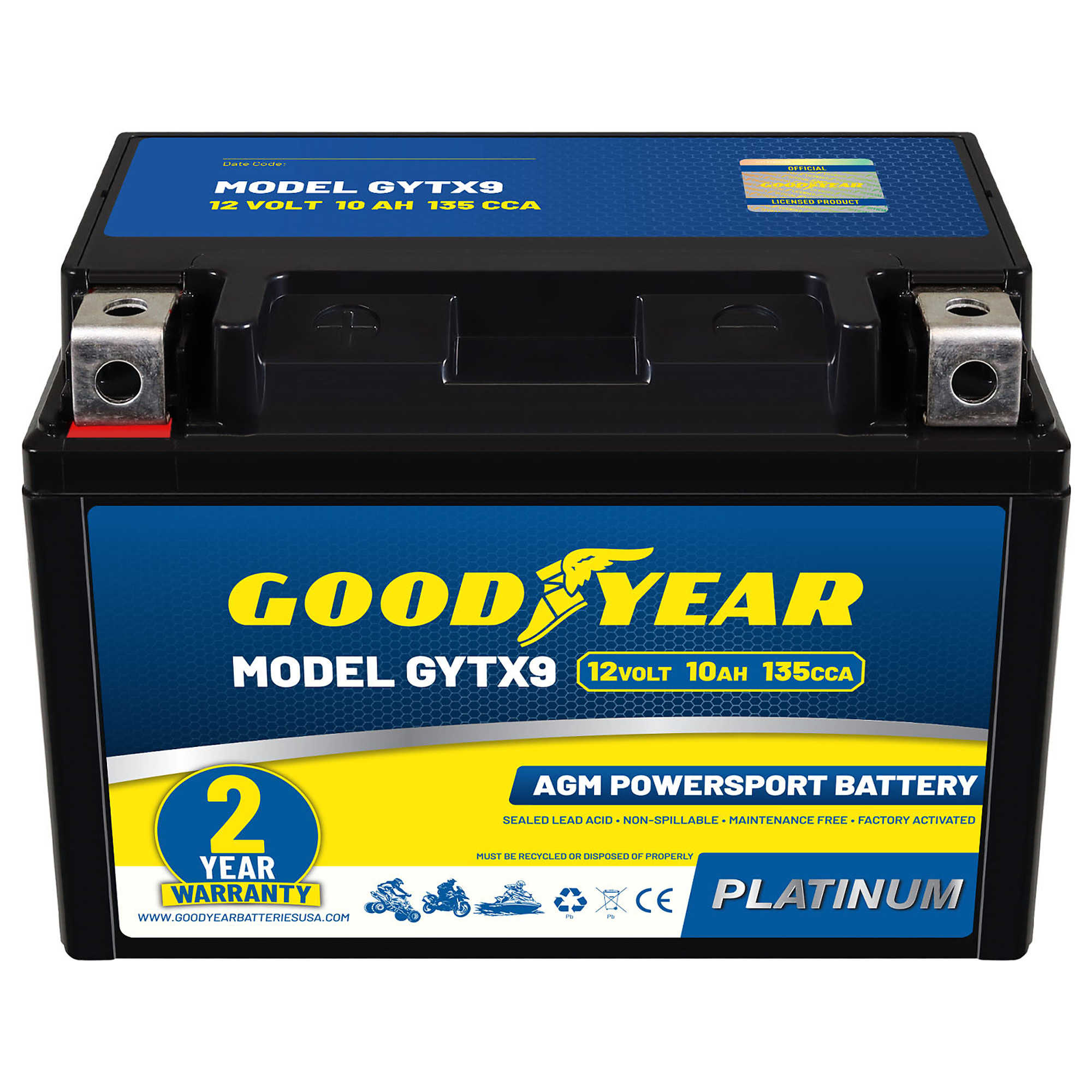 Goodyear High-Performance Maintenance-Free AGM Battery — 12V, 10Ah, 135 CCA, Rechargeable, Model# GY4140759