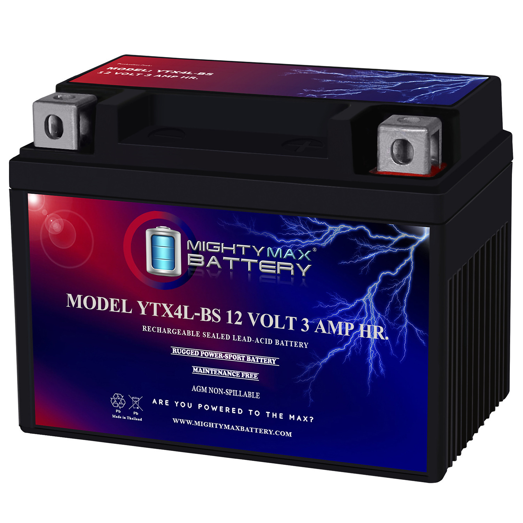 Mighty Max Battery YTX4L-BS — 12 Volt, 3Ah, 50 CCA, Rechargeable, Maintenance-Free SLA AGM Motorcycle Battery, Model# MAX3416331