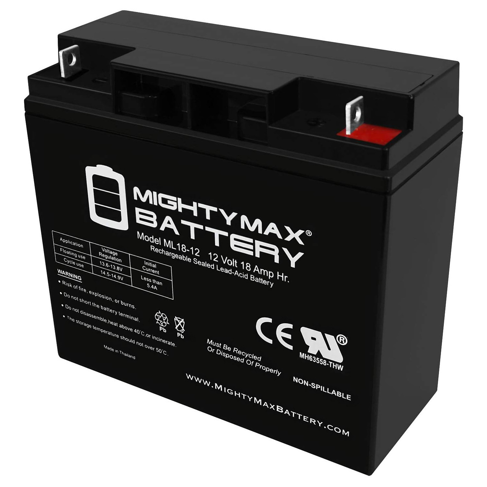 Mighty Max Battery — 12 Volt, 18Ah, Nut and Bolt Terminal, Rechargeable SLA AGM, Model# MAX3421778