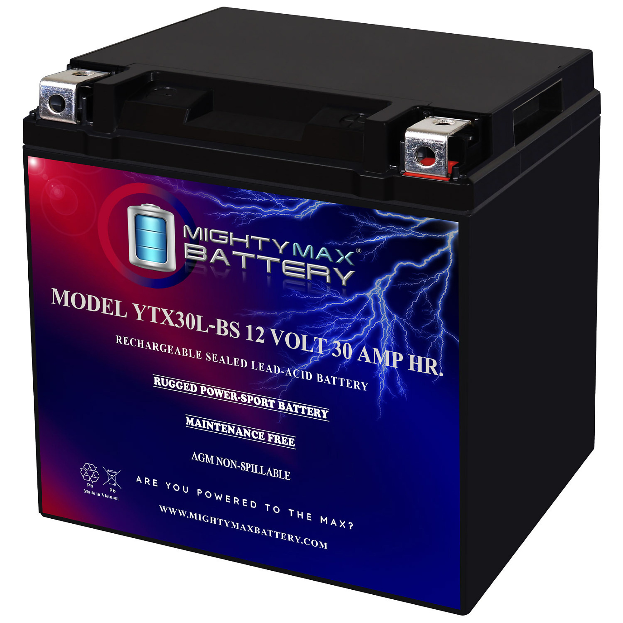 Mighty Max Battery YTX30L-BS — 12 Volt, 30Ah, 385 CCA, Rechargeable Maintenance-Free SLA AGM Motorcycle Battery, Model# MAX3469363