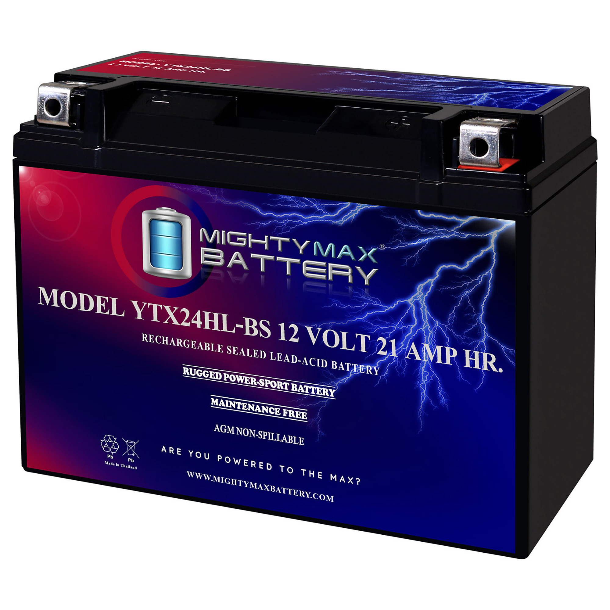Mighty Max Battery YTX24HL-BS — 12 Volt, 21Ah, 350 CCA, Rechargeable, Maintenance-Free SLA AGM, Model# MAX3472577